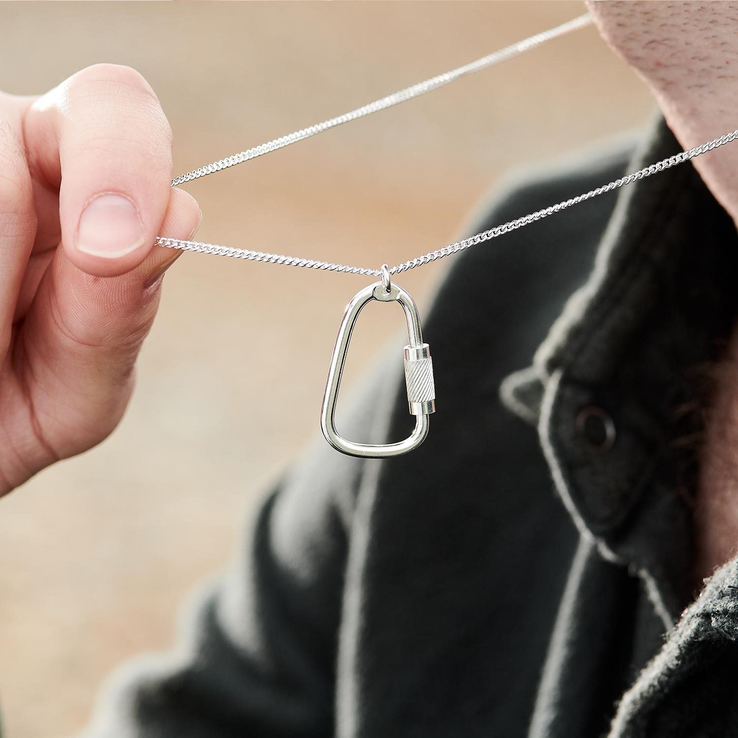 Climbing Carabiner Silver Necklace - mens climbing pendant