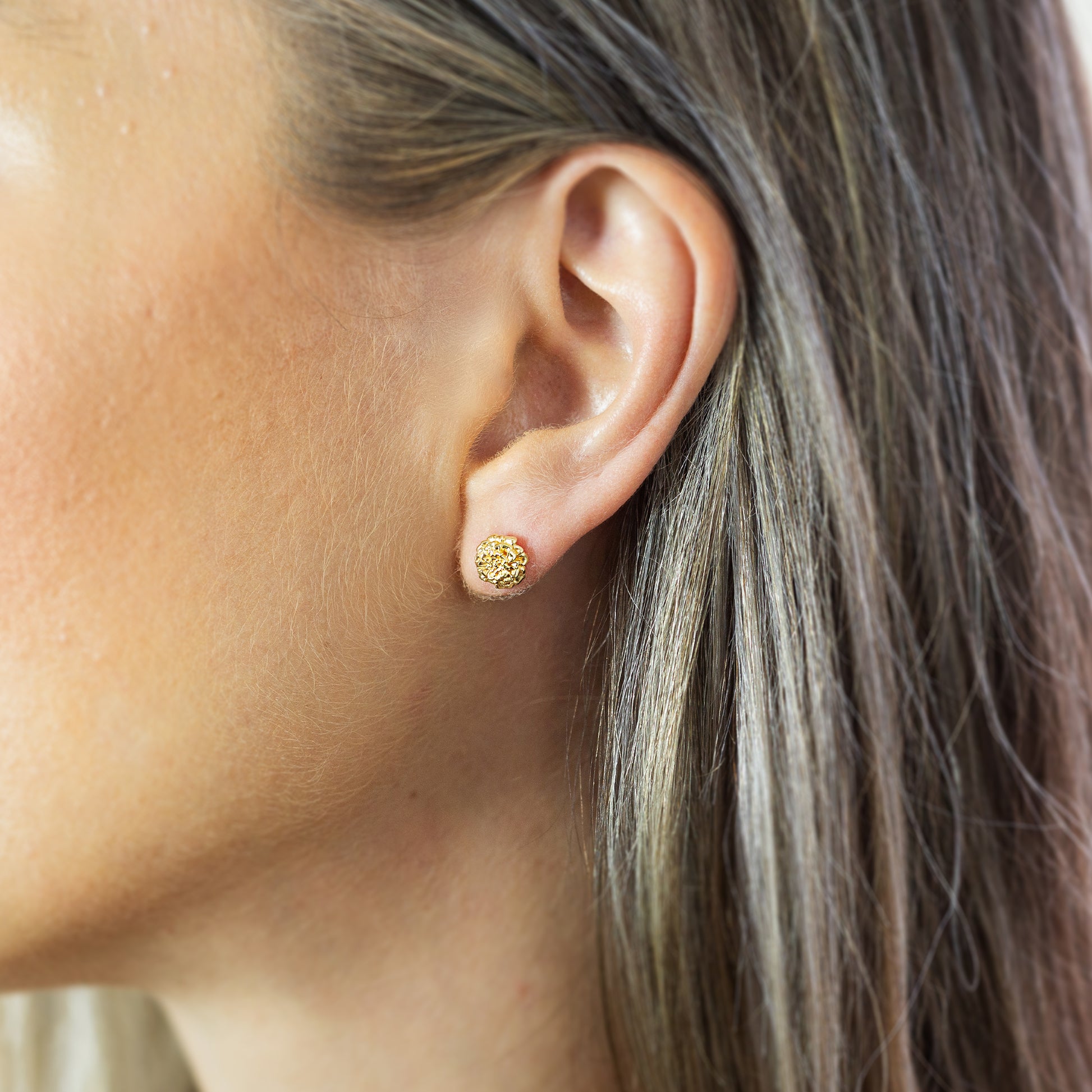 marigold flower gold plated silver stud earrings