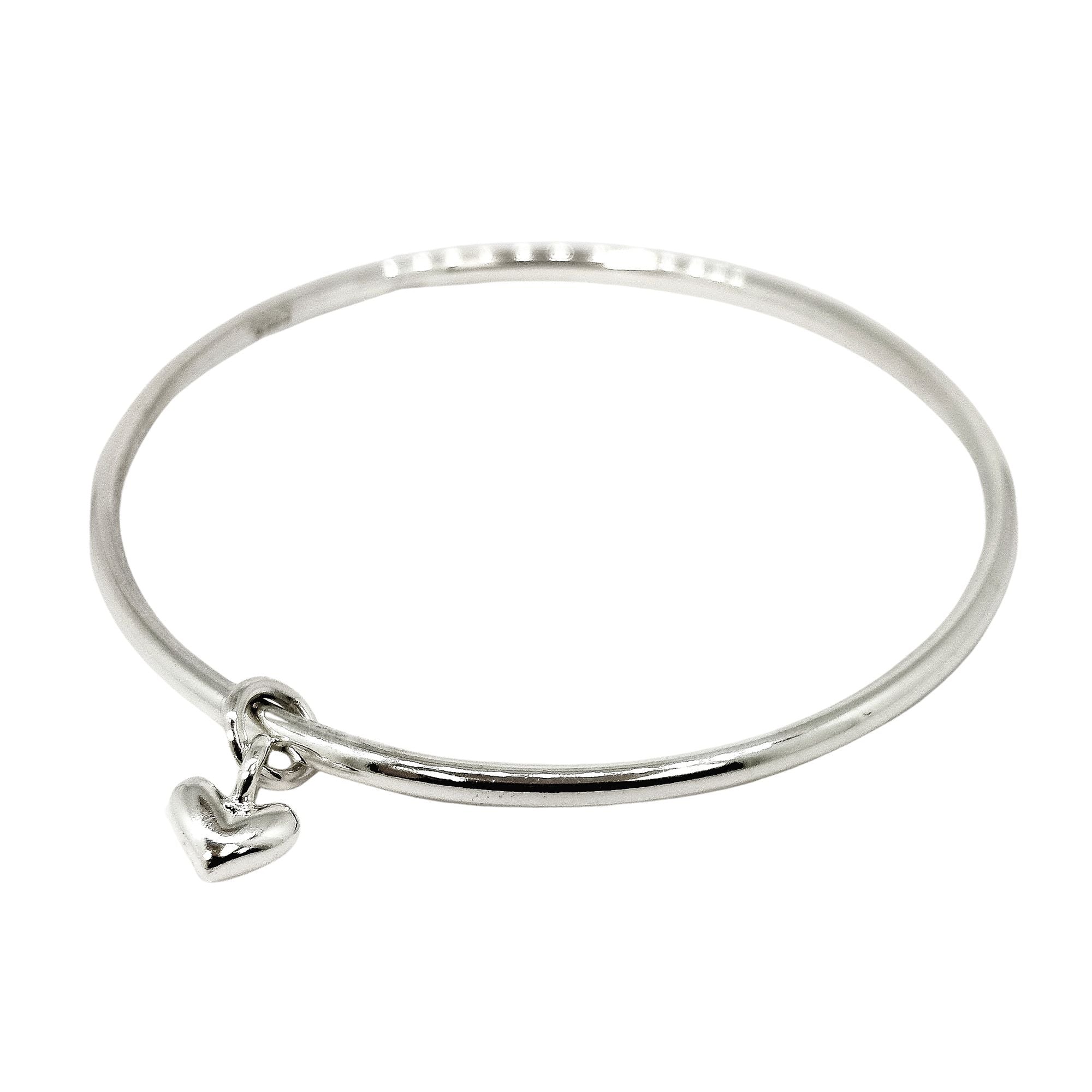 silver chunky heart charm bangle for women