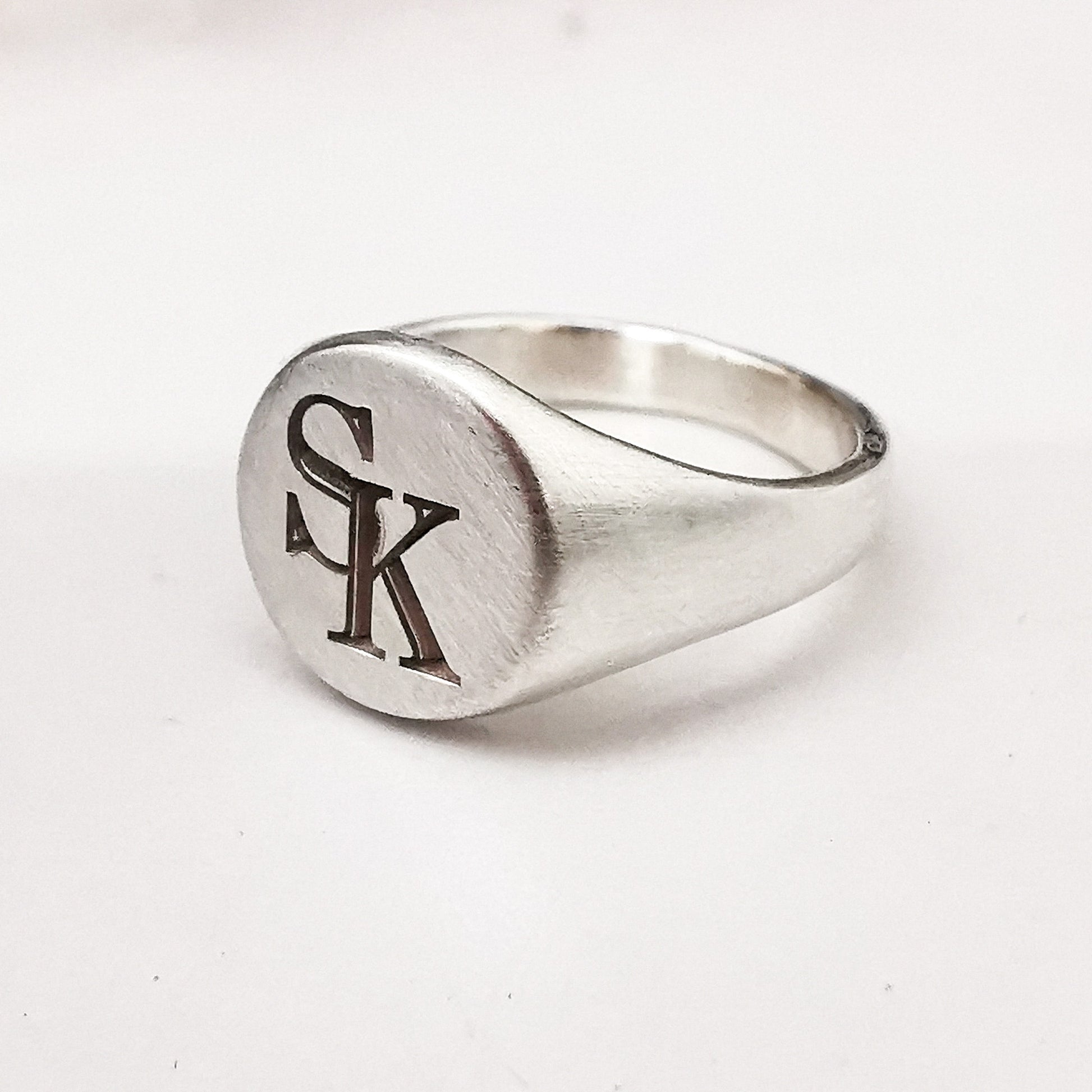 monogram initials overlap sterling silver brushed matte finish signet ring