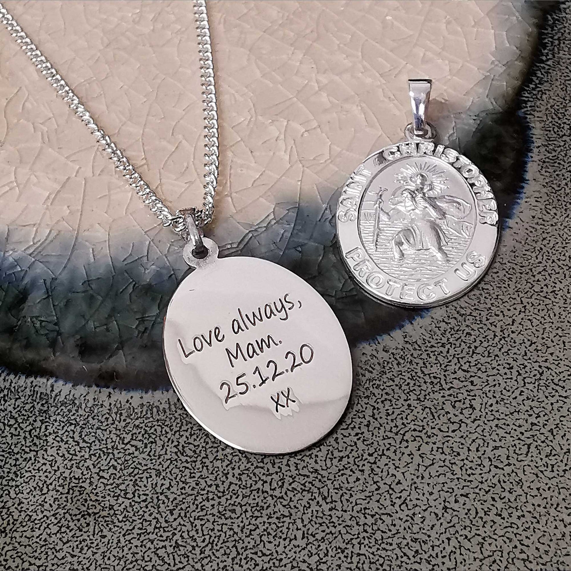 love you always engraved back of saint christopher medal pendant