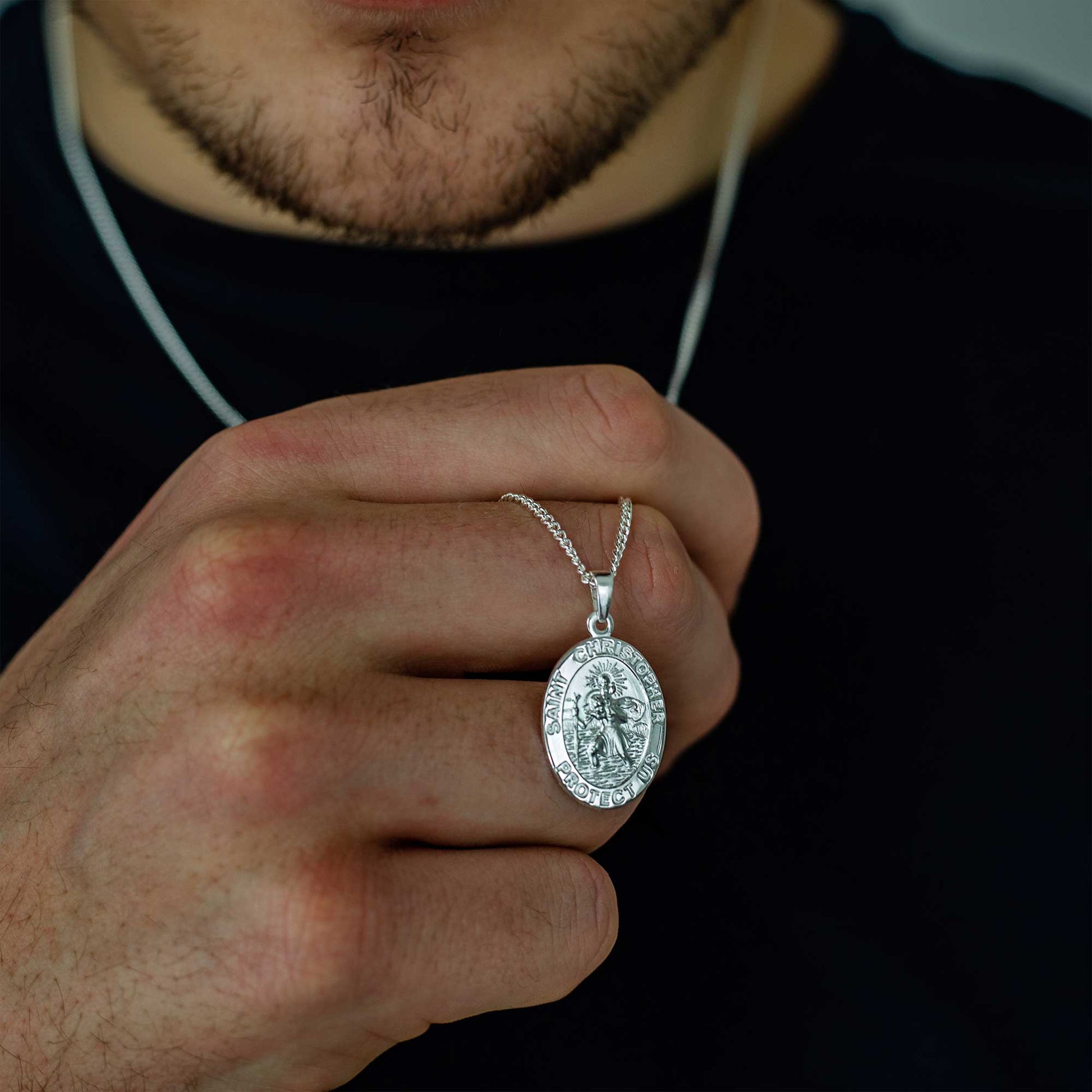 oval mans st christopher necklace pendant solid silver 21st 18th birthday gift idea
