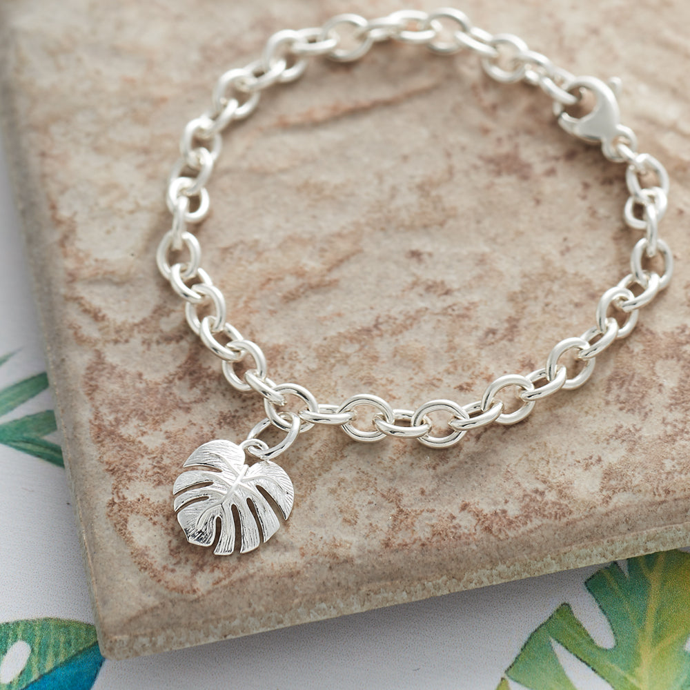 Monstera Palm Leaf Silver Charm Bracelet Scarlett Jewellery