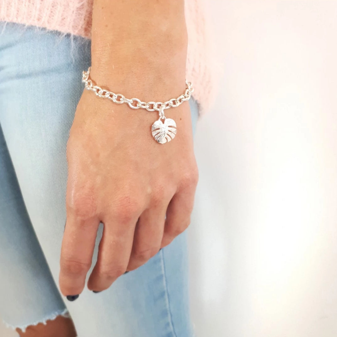 Monstera Palm Leaf Sterling Silver Charm Bracelet