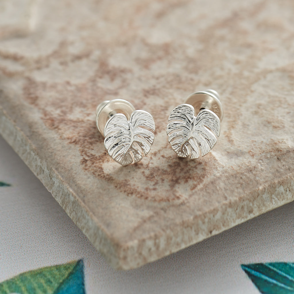 Monstera Palm Leaf Silver Stud Earrings Designer Scarlett Jewellery