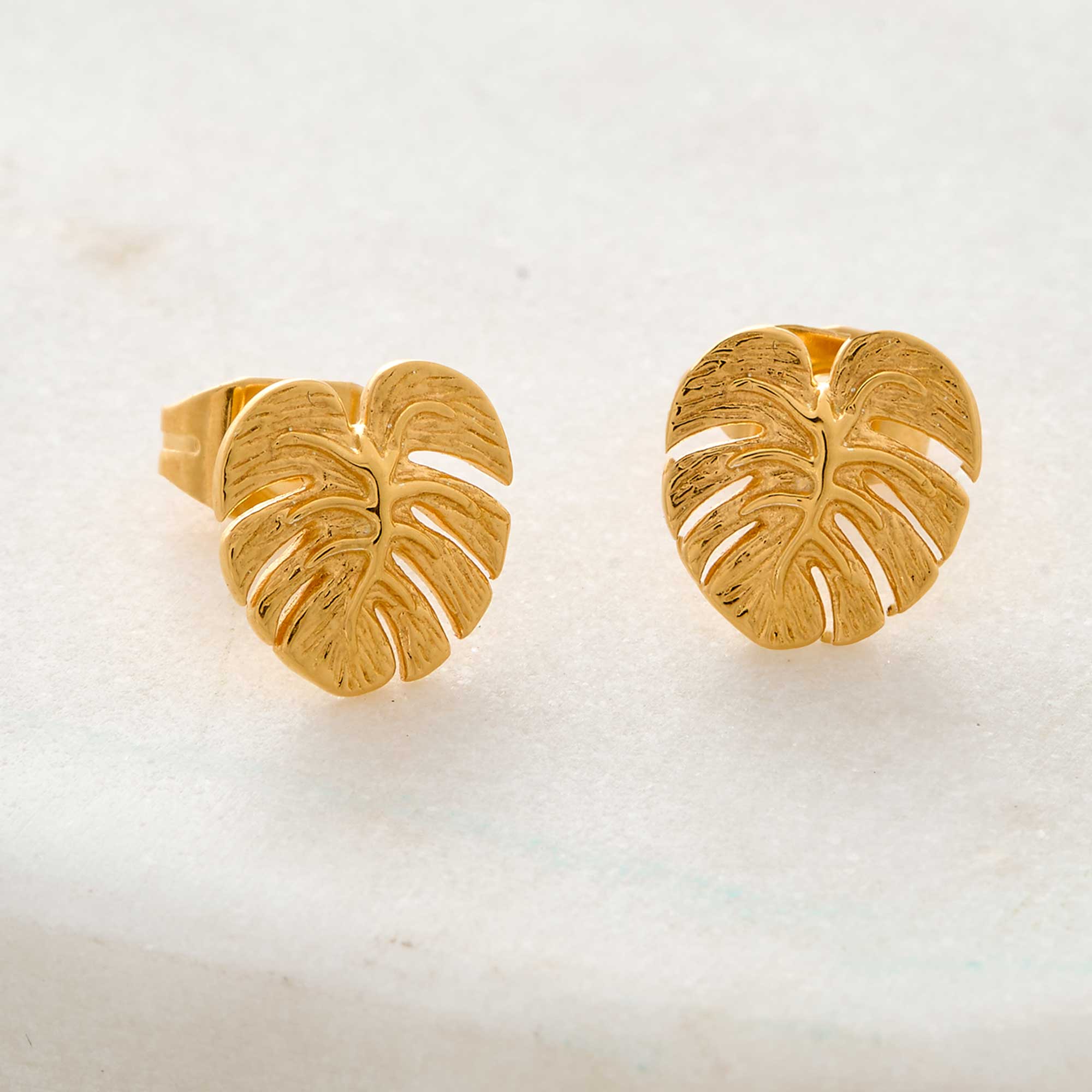 18ct gold vermeil palm leaf monstera stud earrings Scarlett Jewelllery