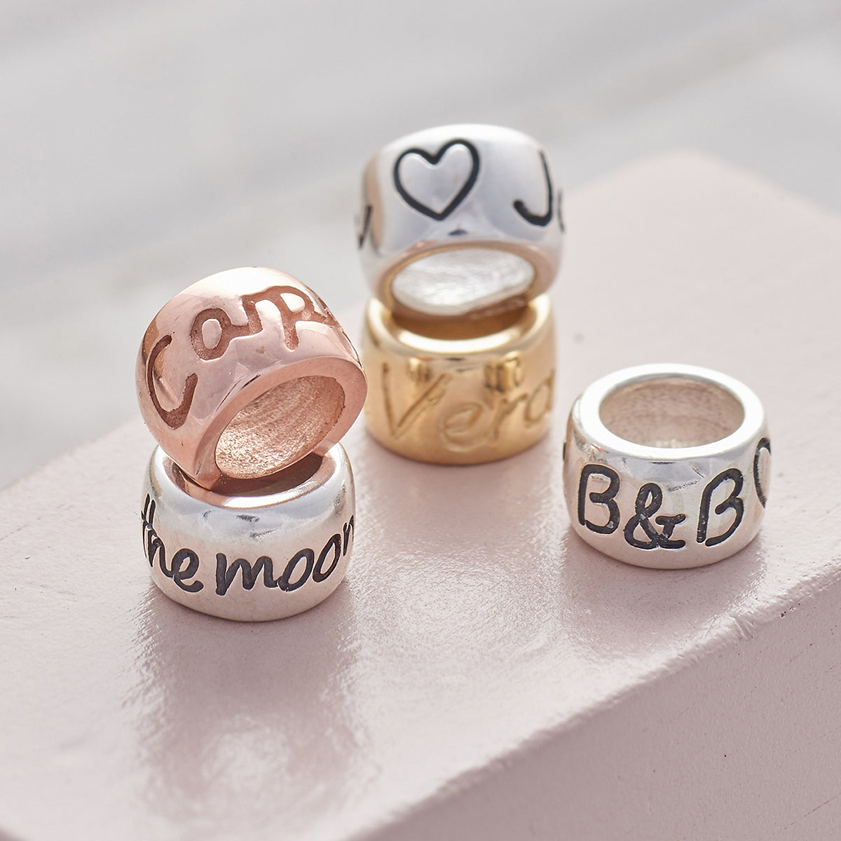silver gold and rose gold custom engraved charm beads
