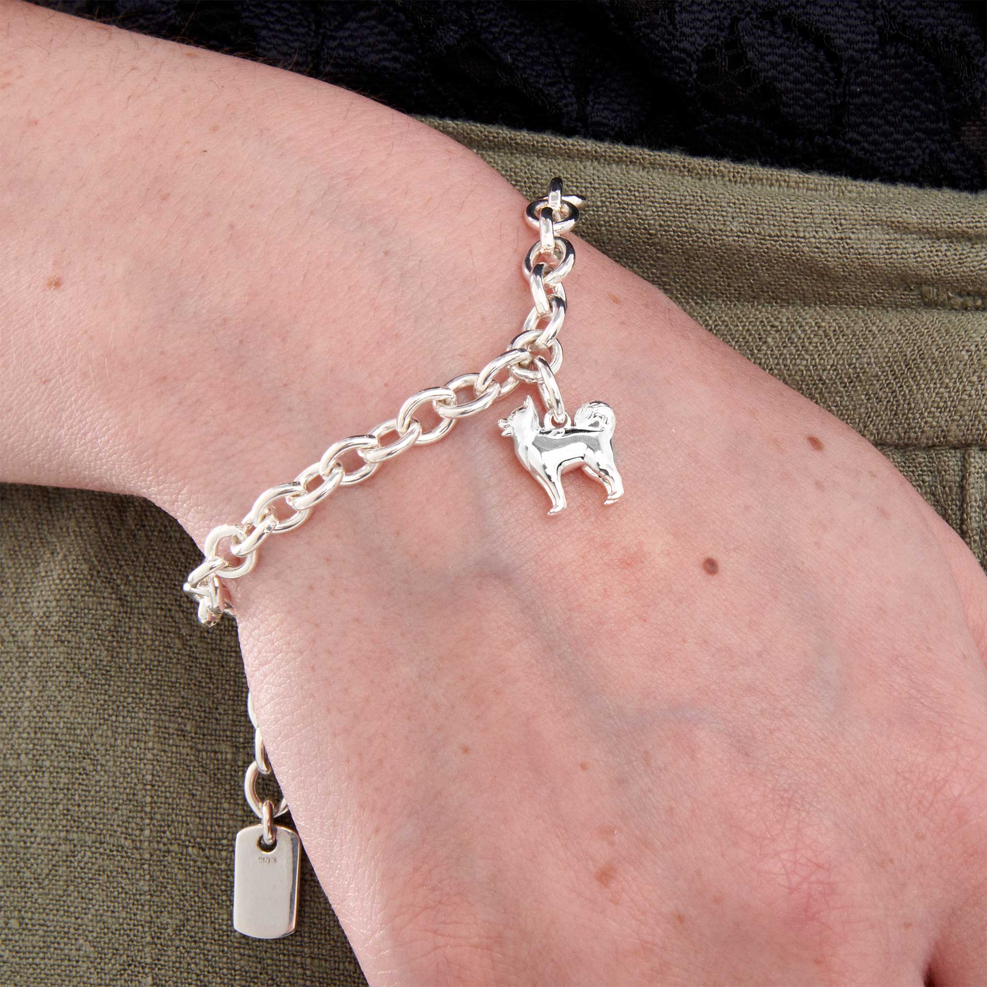 pomsky silver charm bracelet with personalised engraved dog tag scarlett jewellery
