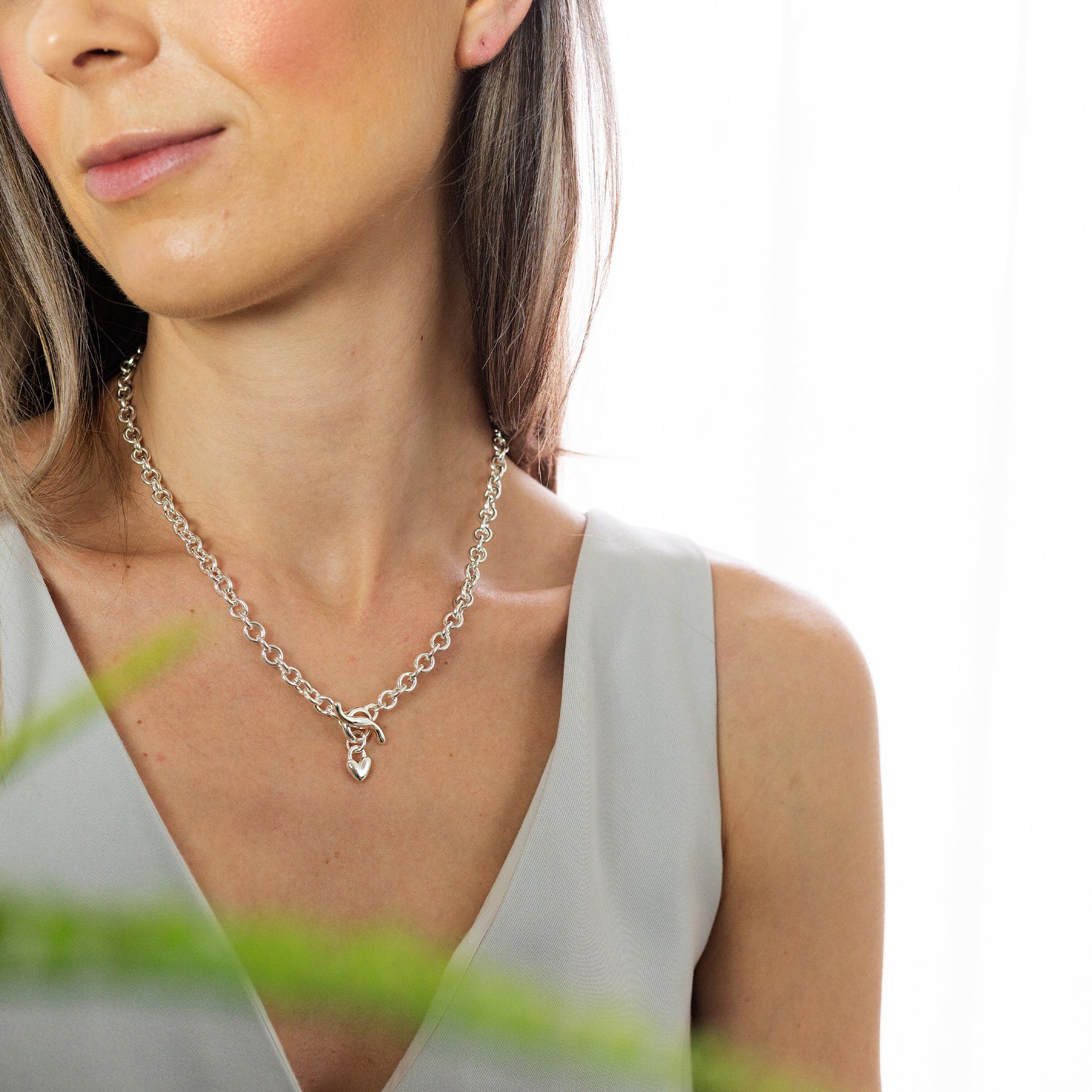 heavy silver t-bar necklace with heart charm