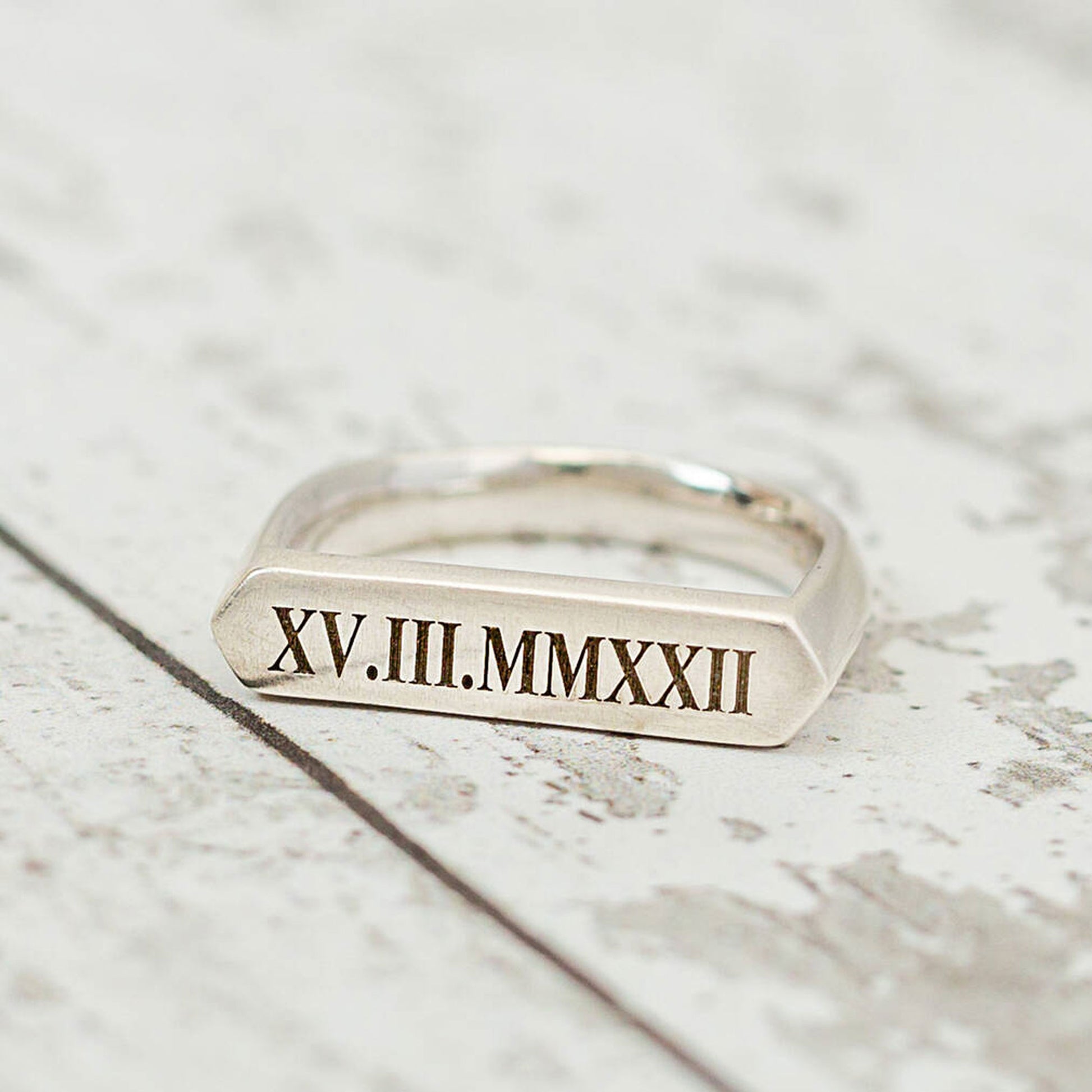 18th or 21st birthday ring engraved with roman numerals date Scarlett Jewellery
