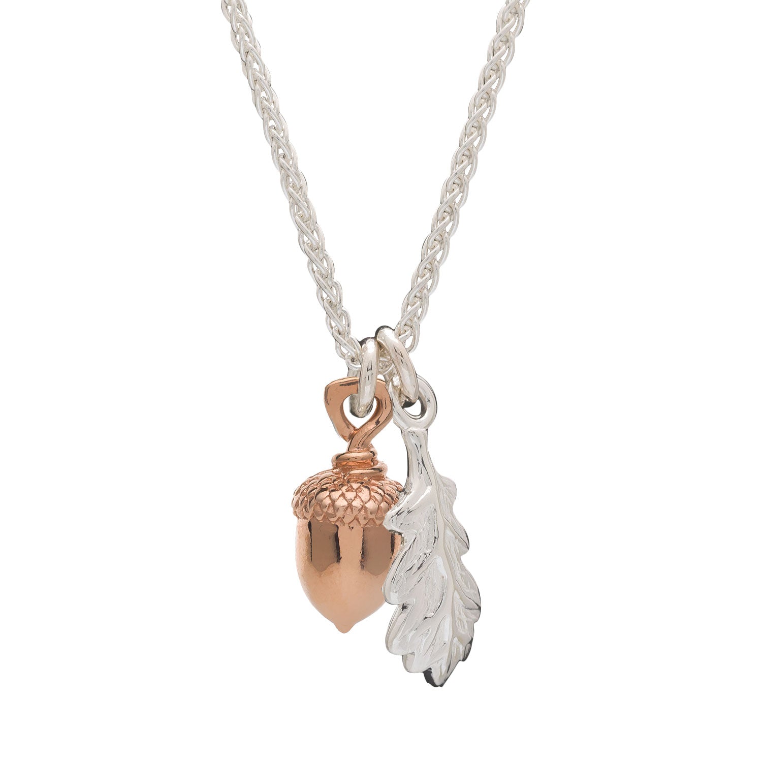 Solid Silver and Rose Gold Acorn Oak Leaf Necklace - Elegant pendant with rose gold acorn, silver oak leaf, and 1.1mm chain link. Nature-inspired luxury jewelry, crafted with precision and weighing 3.6g. Unique blend of solid silver and rose gold, a symbol of timeless beauty and craftsmanship.