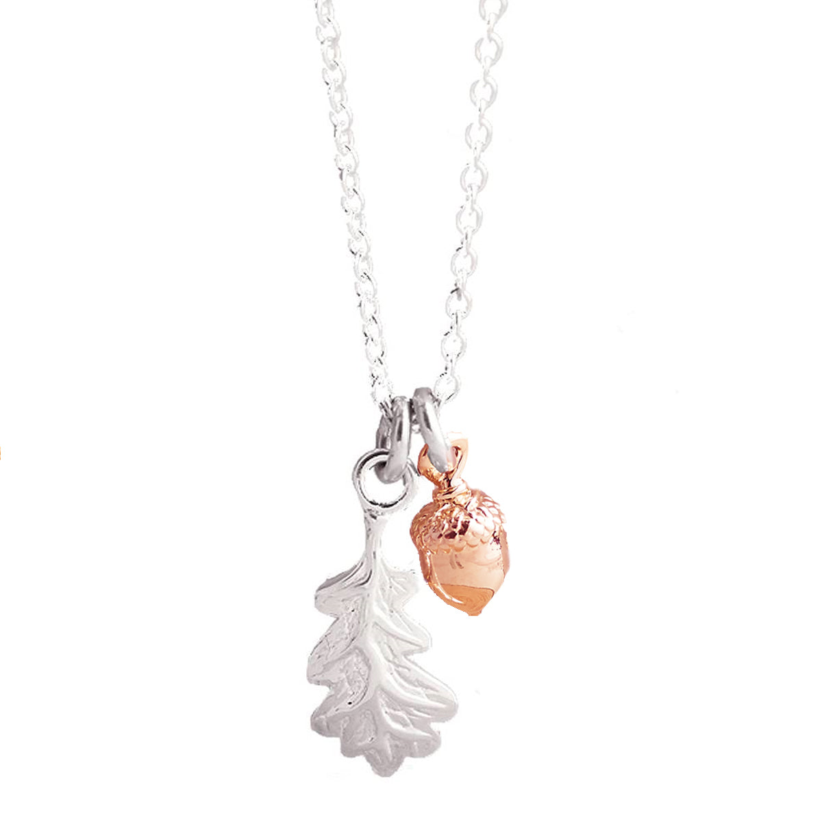 Little Acorn and oak leaf Solid Silver and Rose Gold Tiny Necklace Designer Scarlett Jewellery