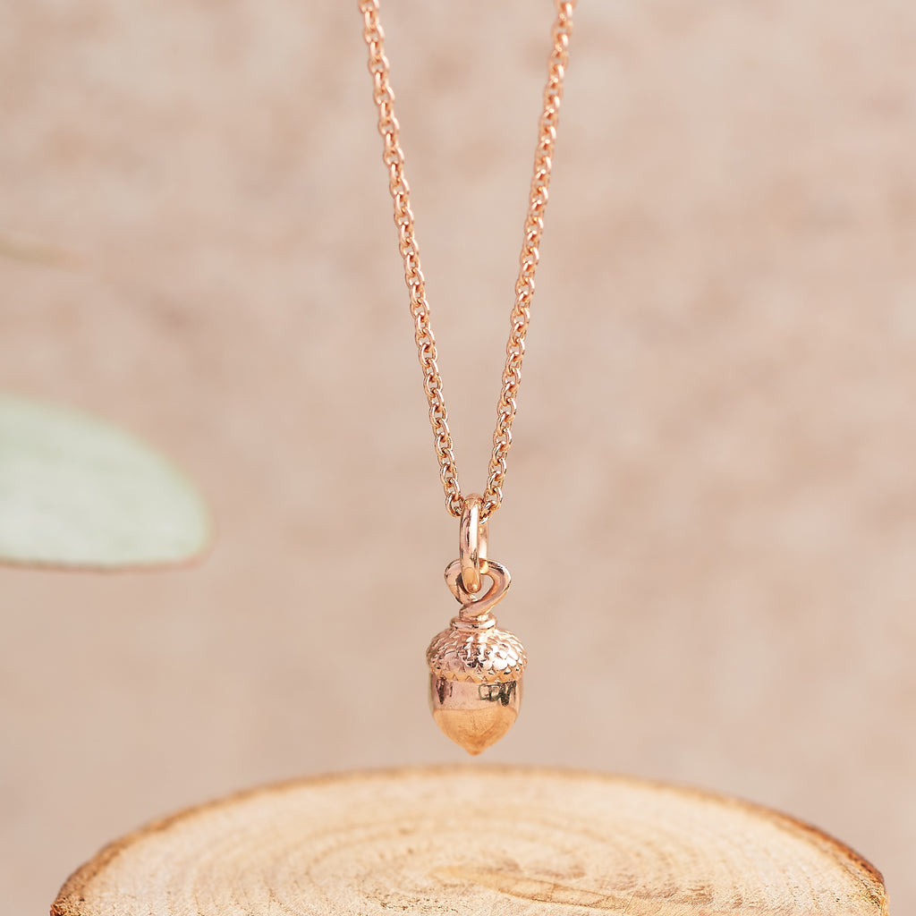 Solid rose gold acorn necklace designer Scarlett Jewellery Brighton