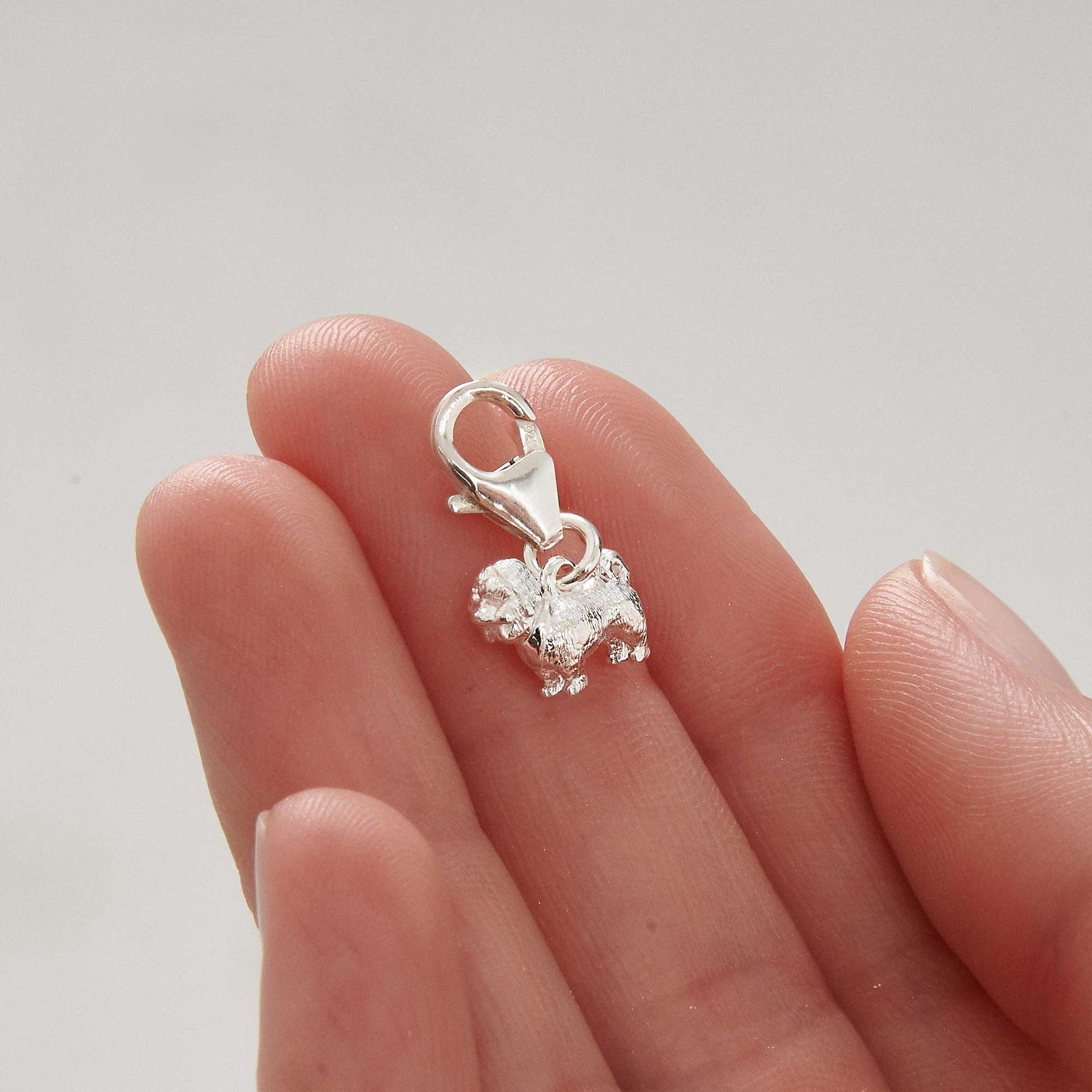 Shih Tzu dog breed solid sterling silver dog charm with clip on clasp Scarlett Jewellery Ltd