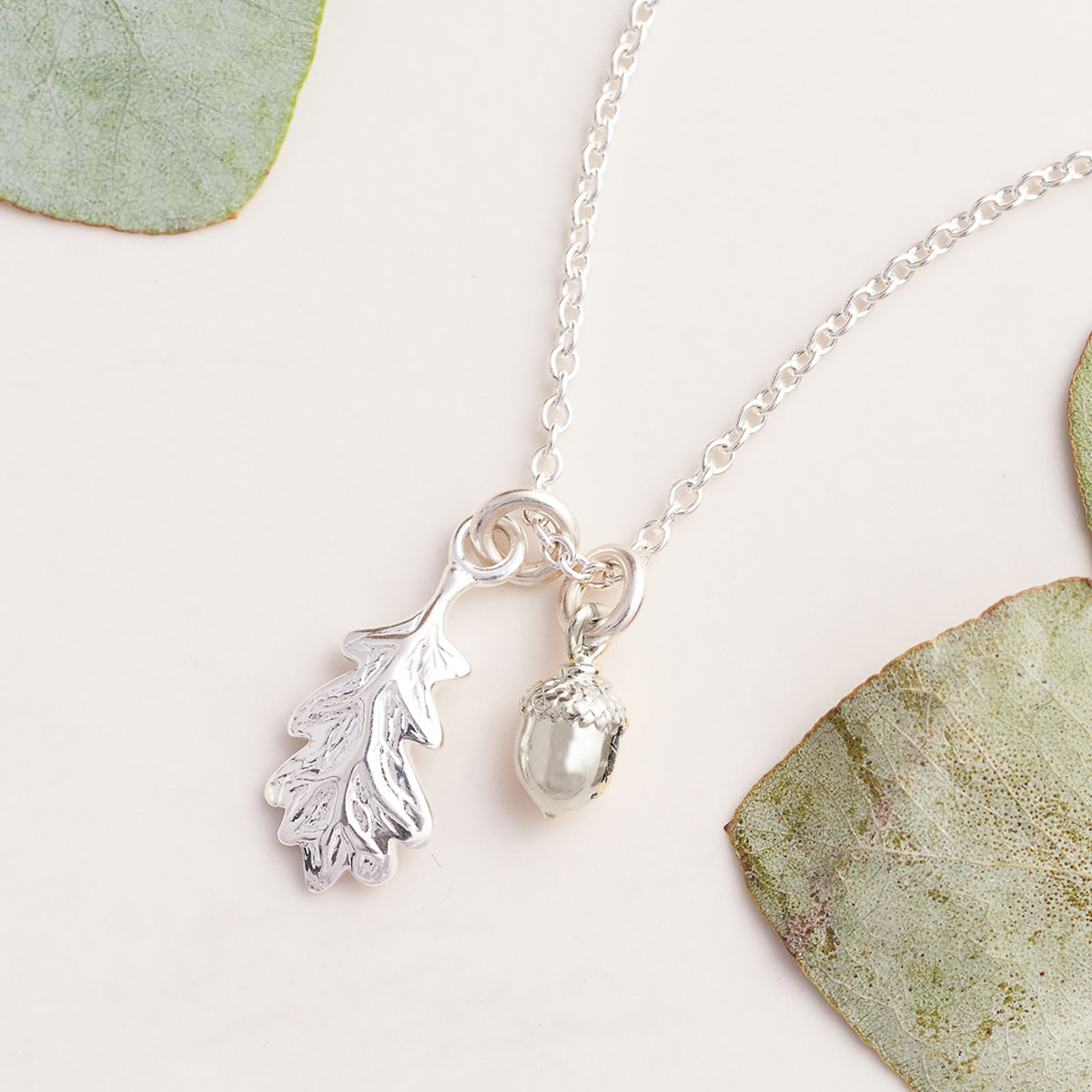 Little Acorn and oak leaf Solid Silver Tiny Necklace Designer Scarlett Jewellery