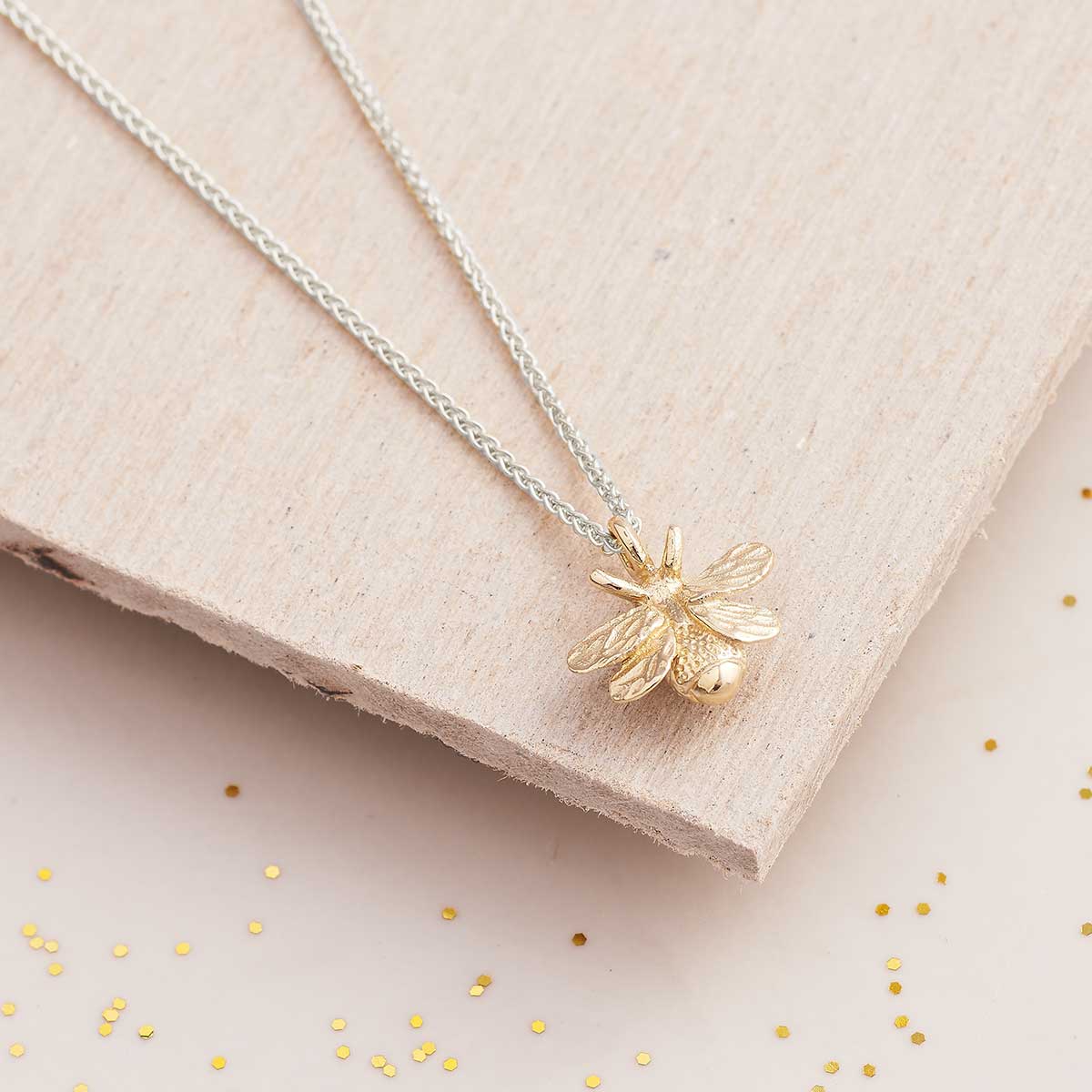 Solid gold and silver bumble bee necklace recycled gold designer Scarlett Jewellery