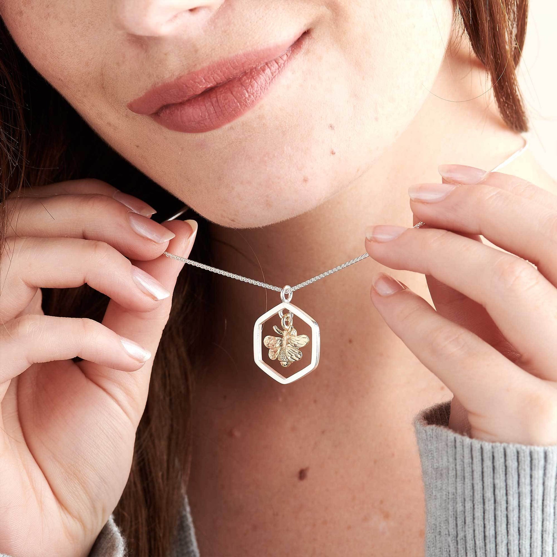 Large Honey Bee Gold And Silver Hexagon Honeycomb Necklace Scarlett Jewellery