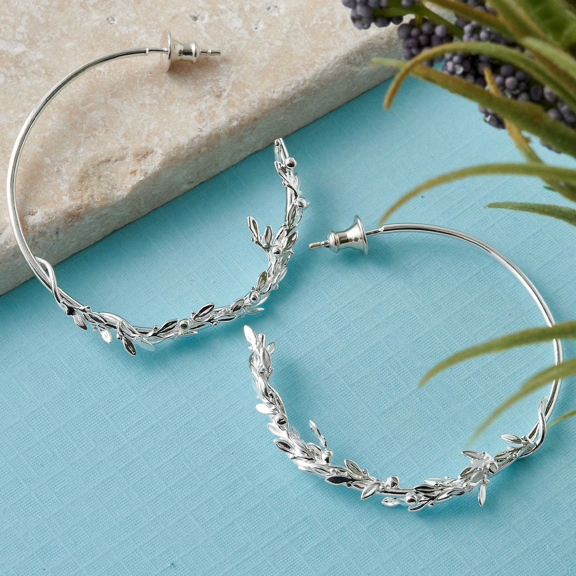 silver olive branch hoop earrings chelsea flower show large womens ornate hoops