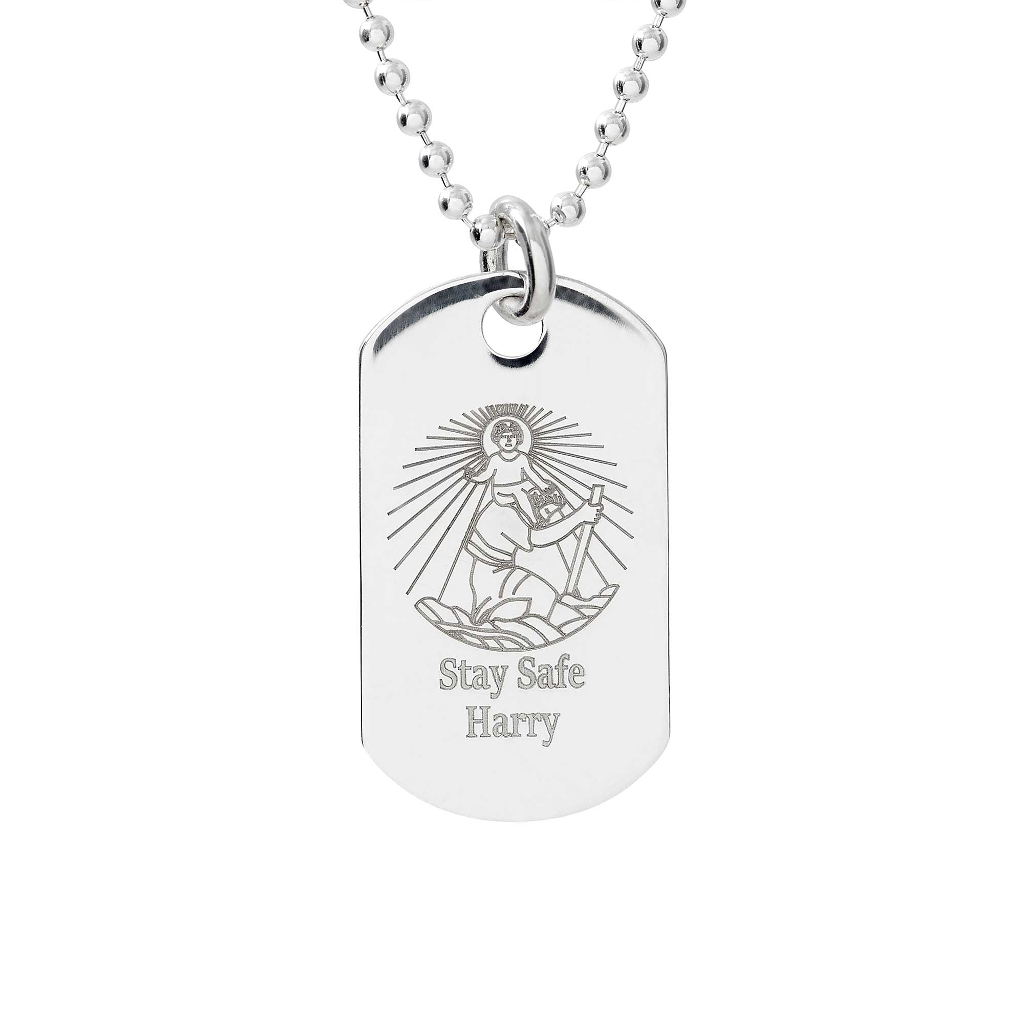 skinny silver dog tag st christopher necklace personalised mens gift name stay safe ball chain off the map travel jewellery