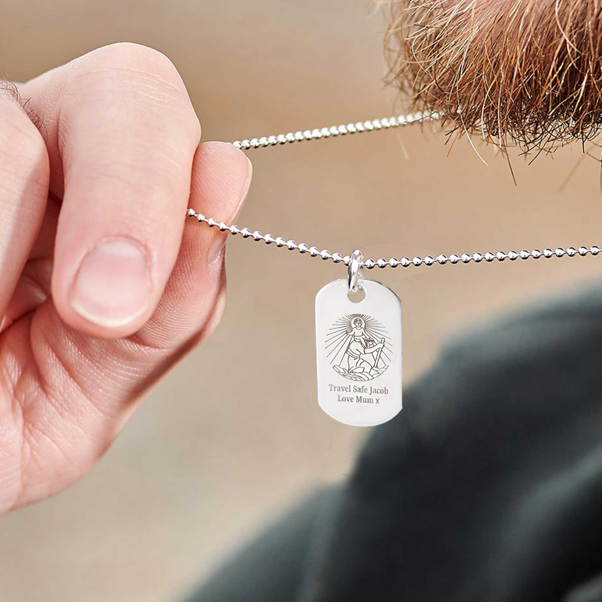 thin silver dog tag pendant engraved saint christopher personalized pendant travel gift idea for him