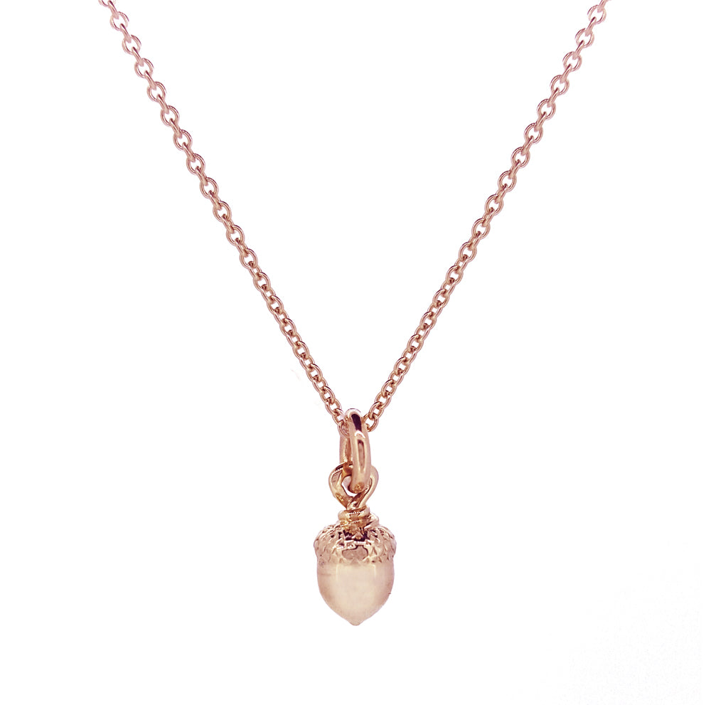 Solid rose gold acorn necklace designer Scarlett Jewellery Brighton