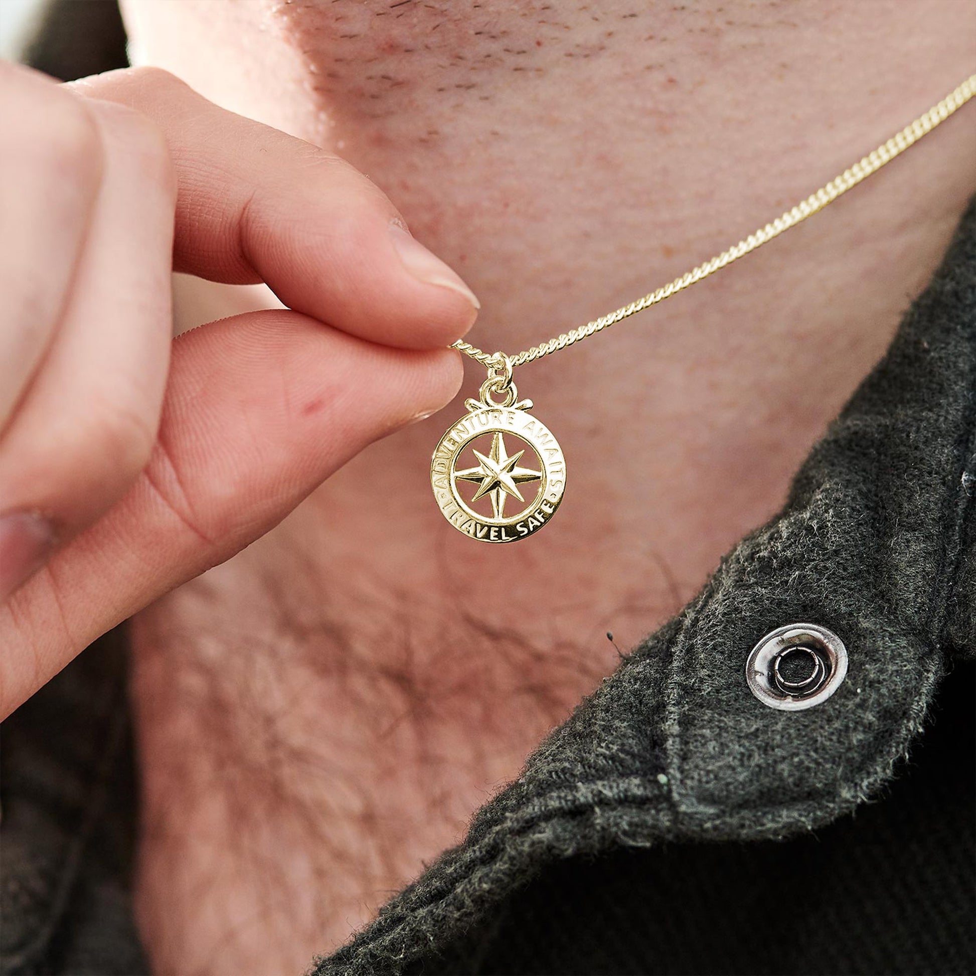 small solid 9ct gold st christopher alternative necklace compass pendant on light curb chain