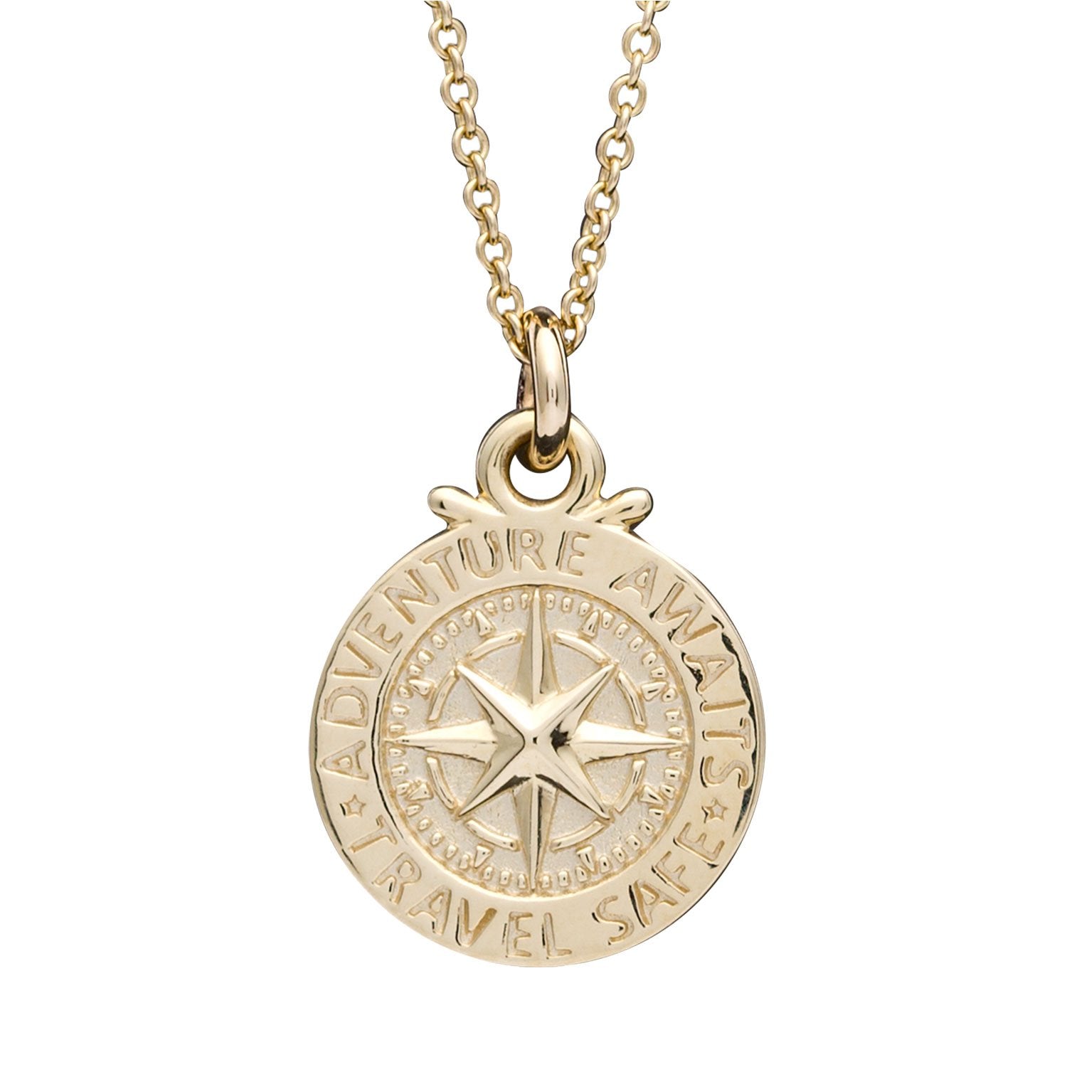 Solid gold womens st Christopher compass necklace Travel Safe Off The Map Jewellery