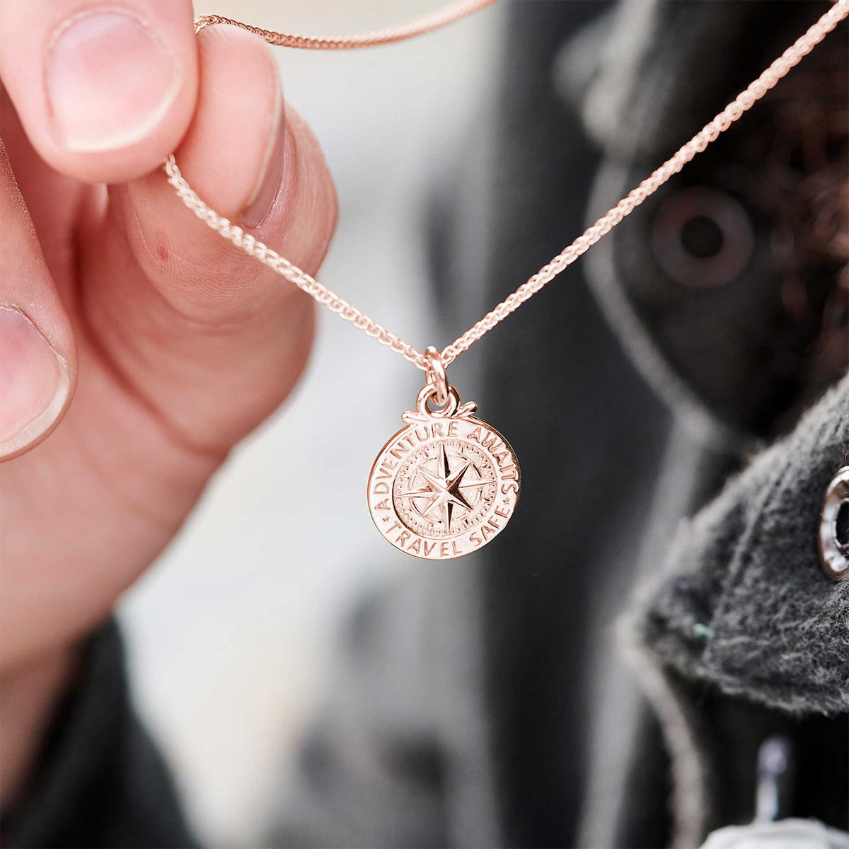 Solid rose gold compass non religious saint christopher alternative by Off The Map Jewellery