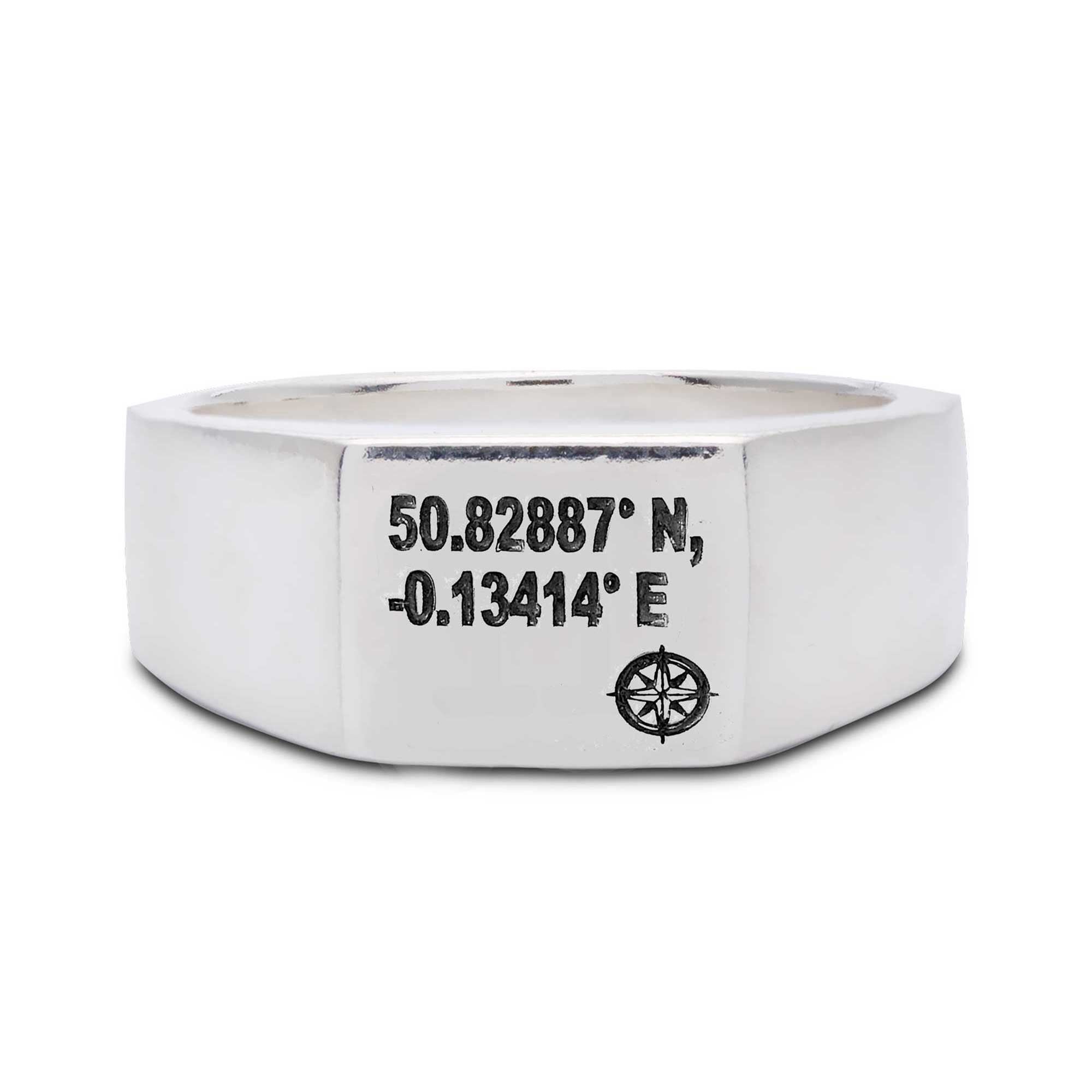 latitude longittue co ordinates silver mens signet ring pinky ring gift for man