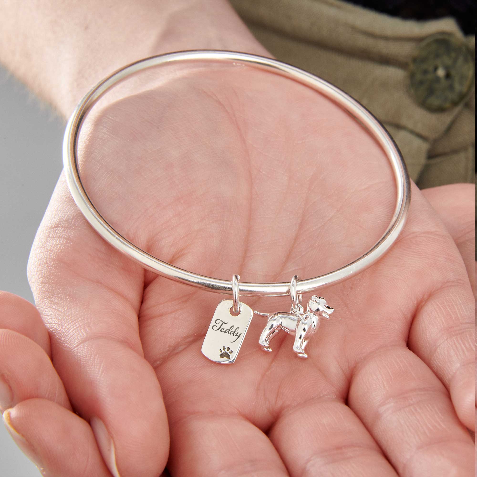 staffordshire bull terrier jewellery gift silver charm bangle with personalised engraved dog tag scarlett jewellery