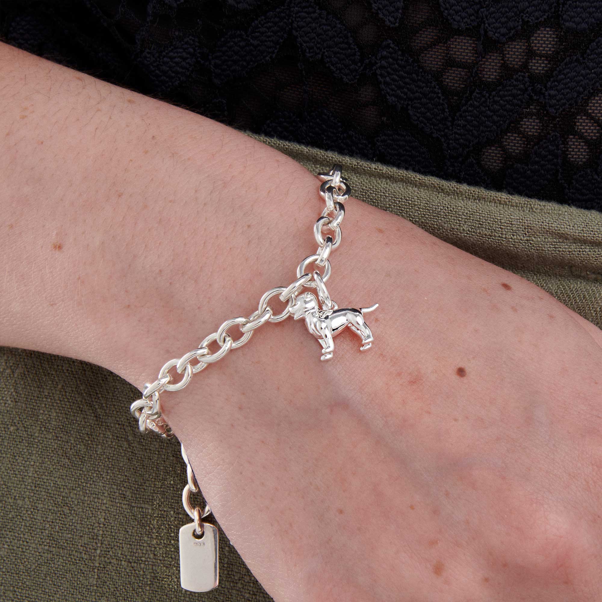 staffy silver charm bracelet with personalised engraved dog tag scarlett jewellery