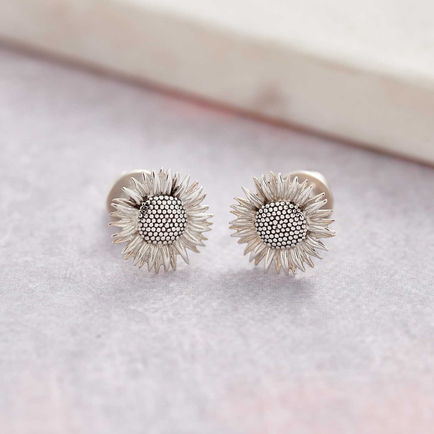 solid sterling silver sunflower stud earrings as seen at RhS Chelsea Flower Show Scarlett Jewellery
