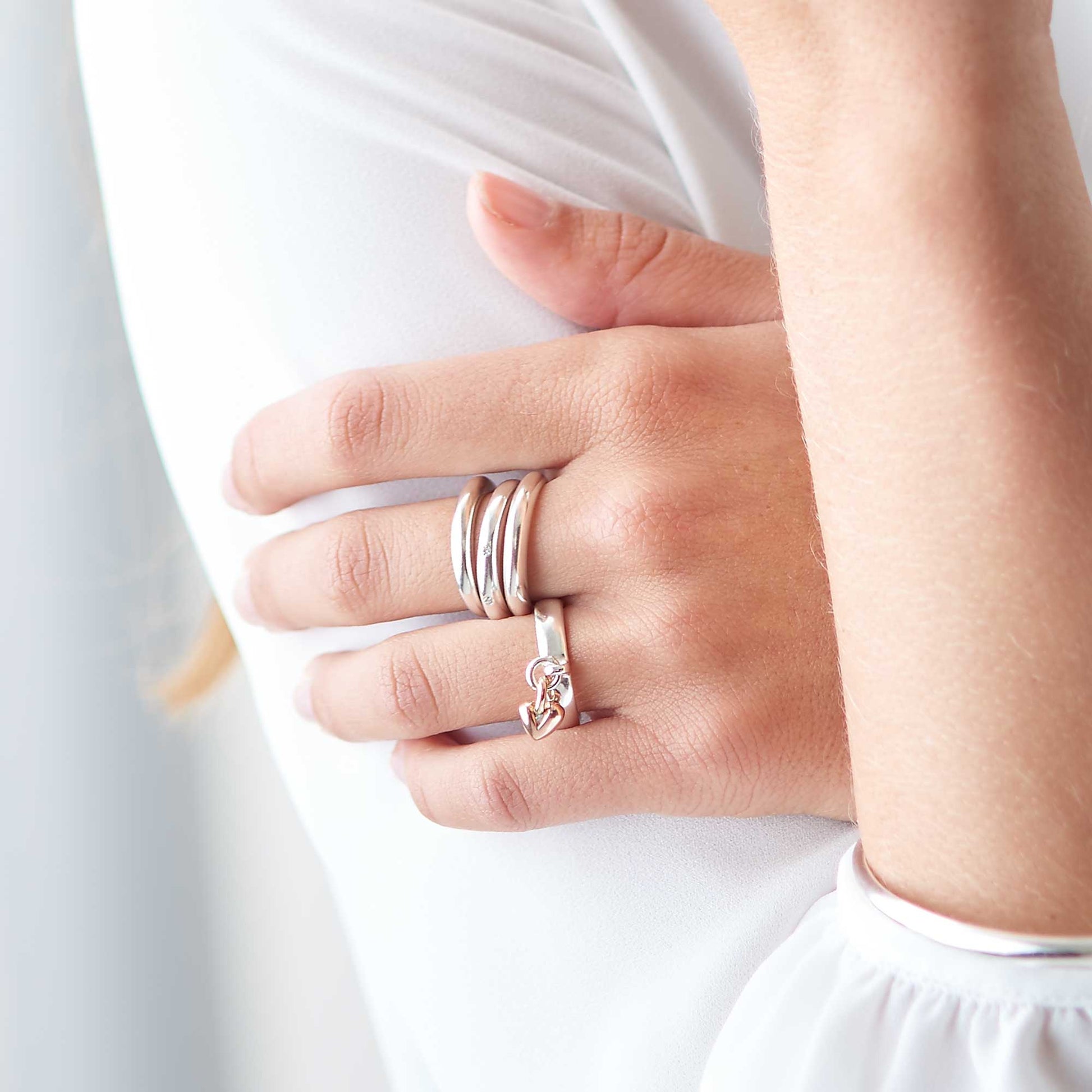 solid silver & recycled rose gold heart charm ring designer womens scarlett jewellery UKaOrganic-shaped Dangling Gold Heart Charm - Unique Women's Ring