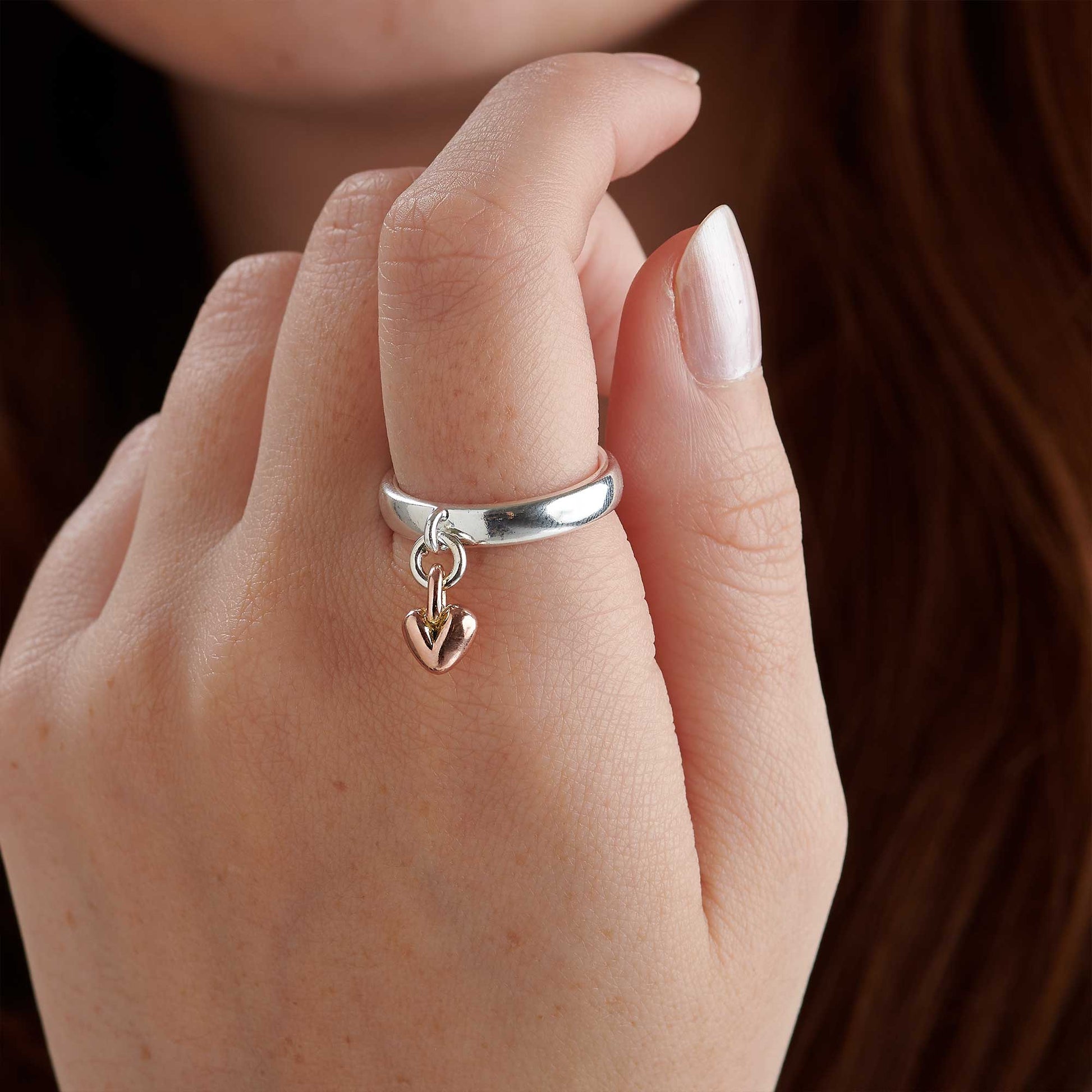 Elegant Women's Ring with Solid Rose Gold Heart Charm