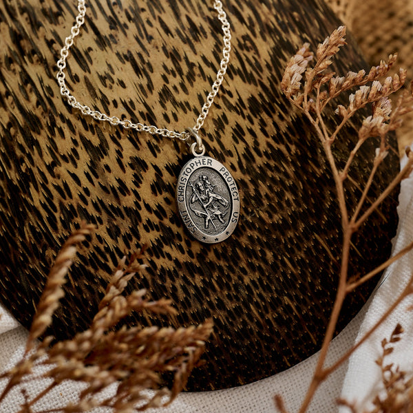 Vintage Style Personalised Small Oval St Christopher Necklace Scarlett Jewellery