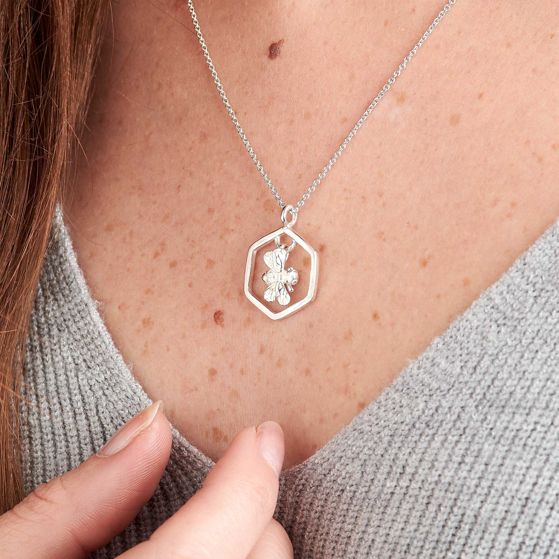 silver hexagon honey comb bee necklace scarlett jewellery