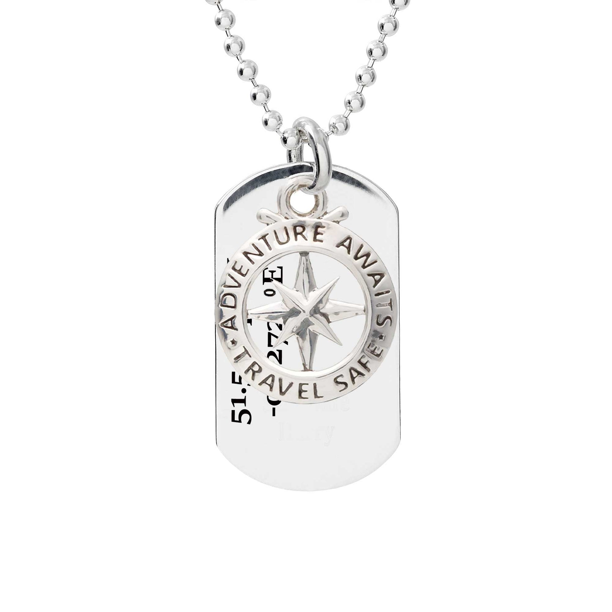 travel safe dog tag mens necklace with coordinates latitude longitude engraved pendant