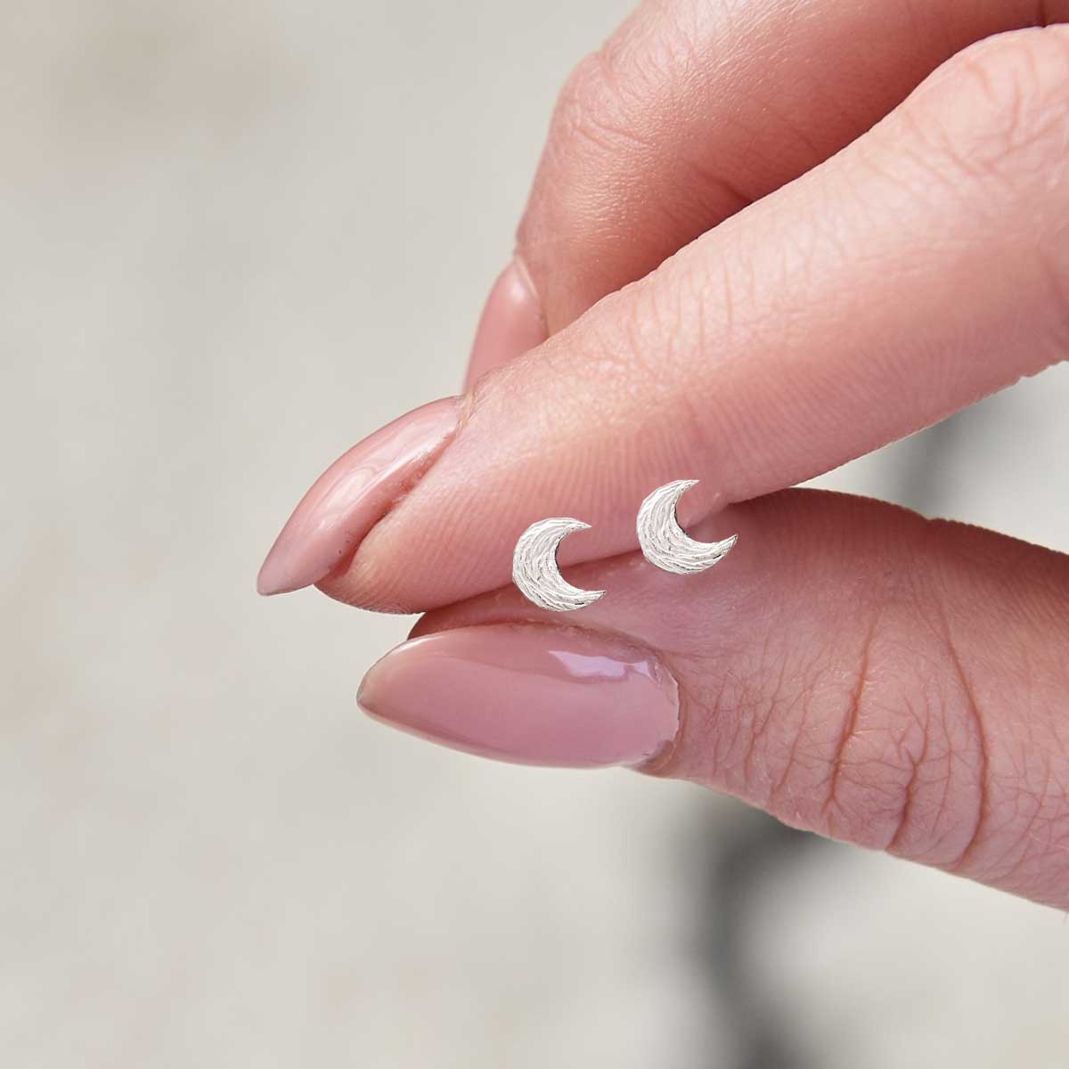 Silver textured moon stud earrings handmade Brighton Scarlett Jewellery