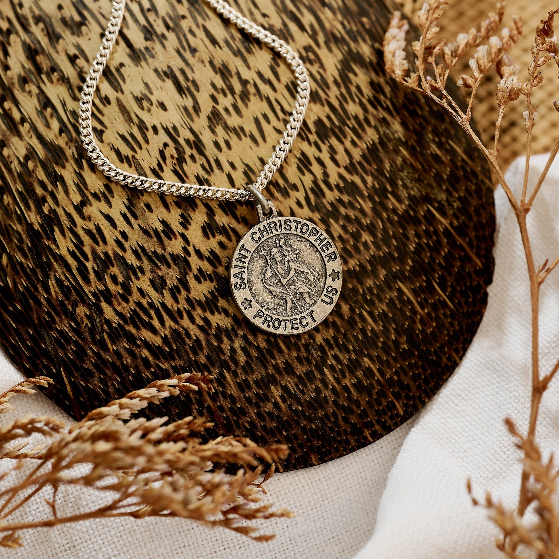 vintage style oxidised st christopher round necklace on heavier curb chain