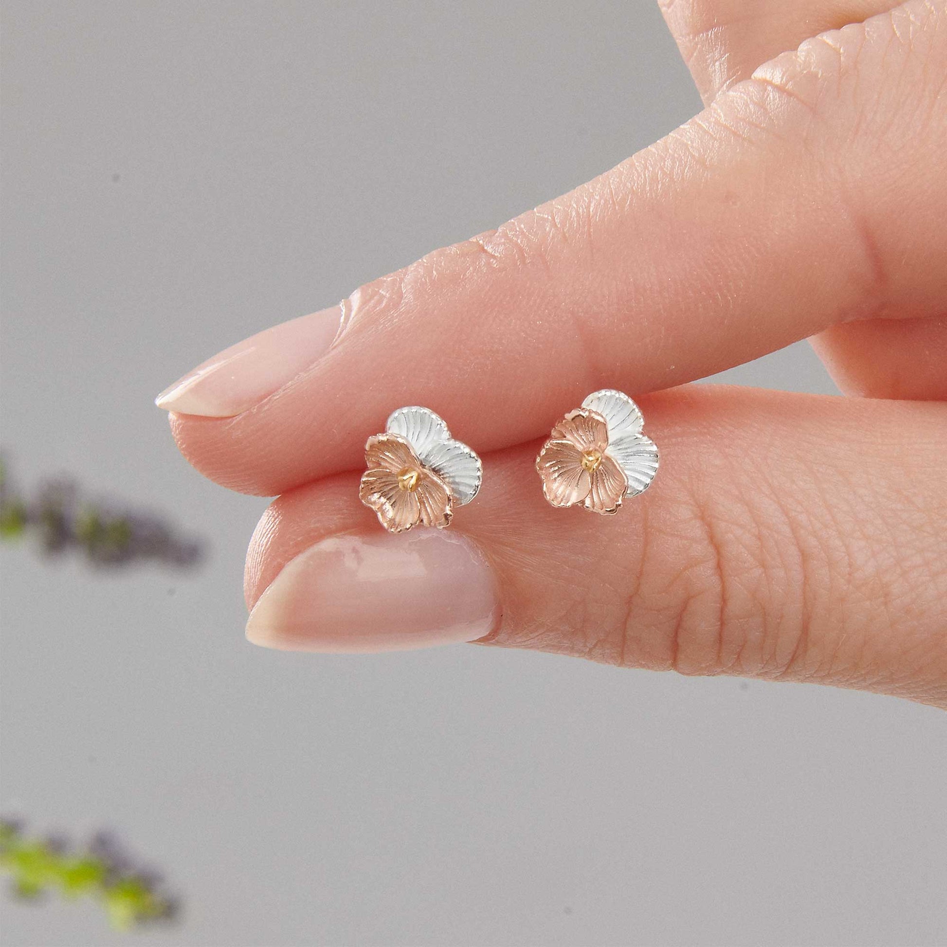 violet flower silver & rose gold stud earrings scarlett jewellery february birth flower