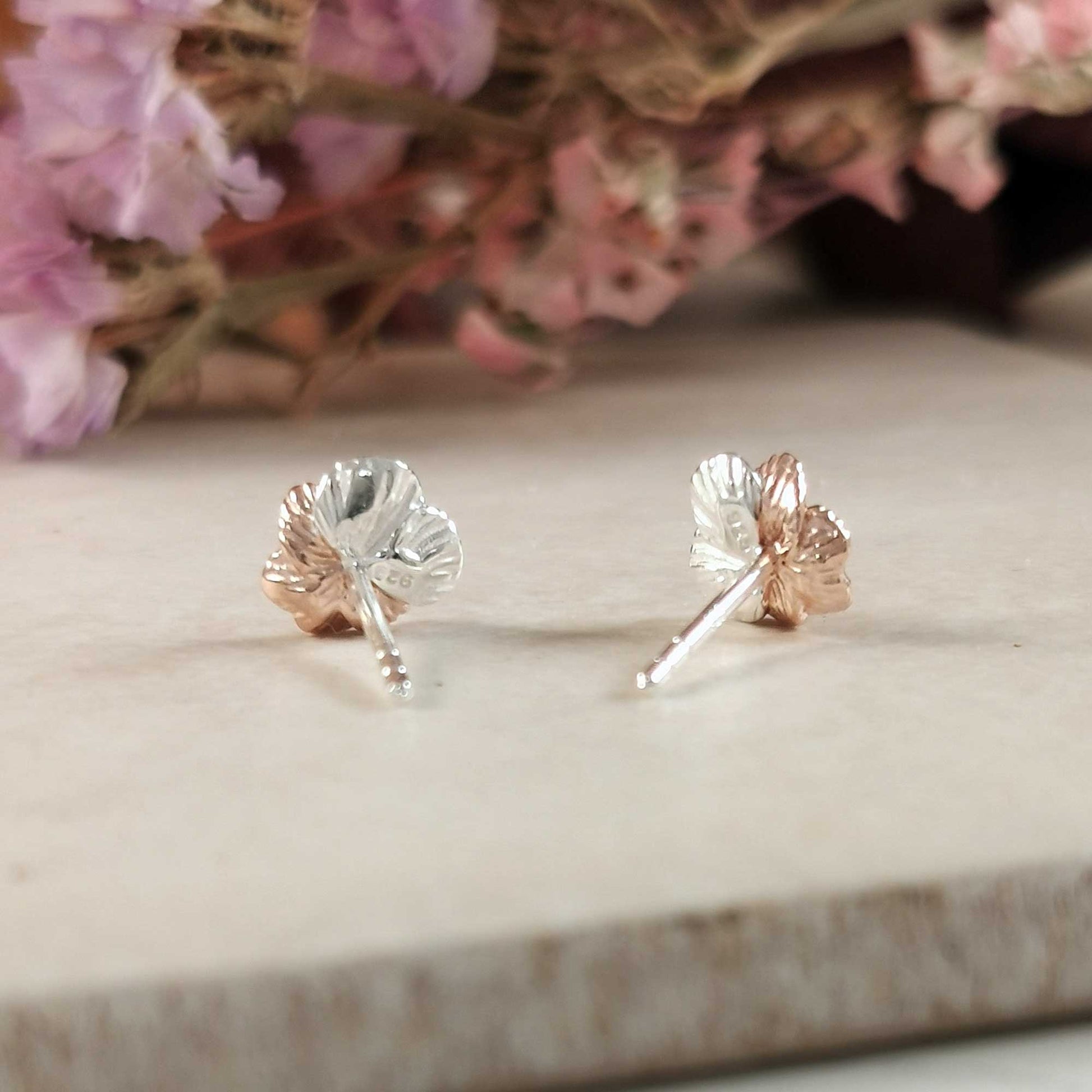 violet flower silver & rose gold stud earrings scarlett jewellery february birth flower