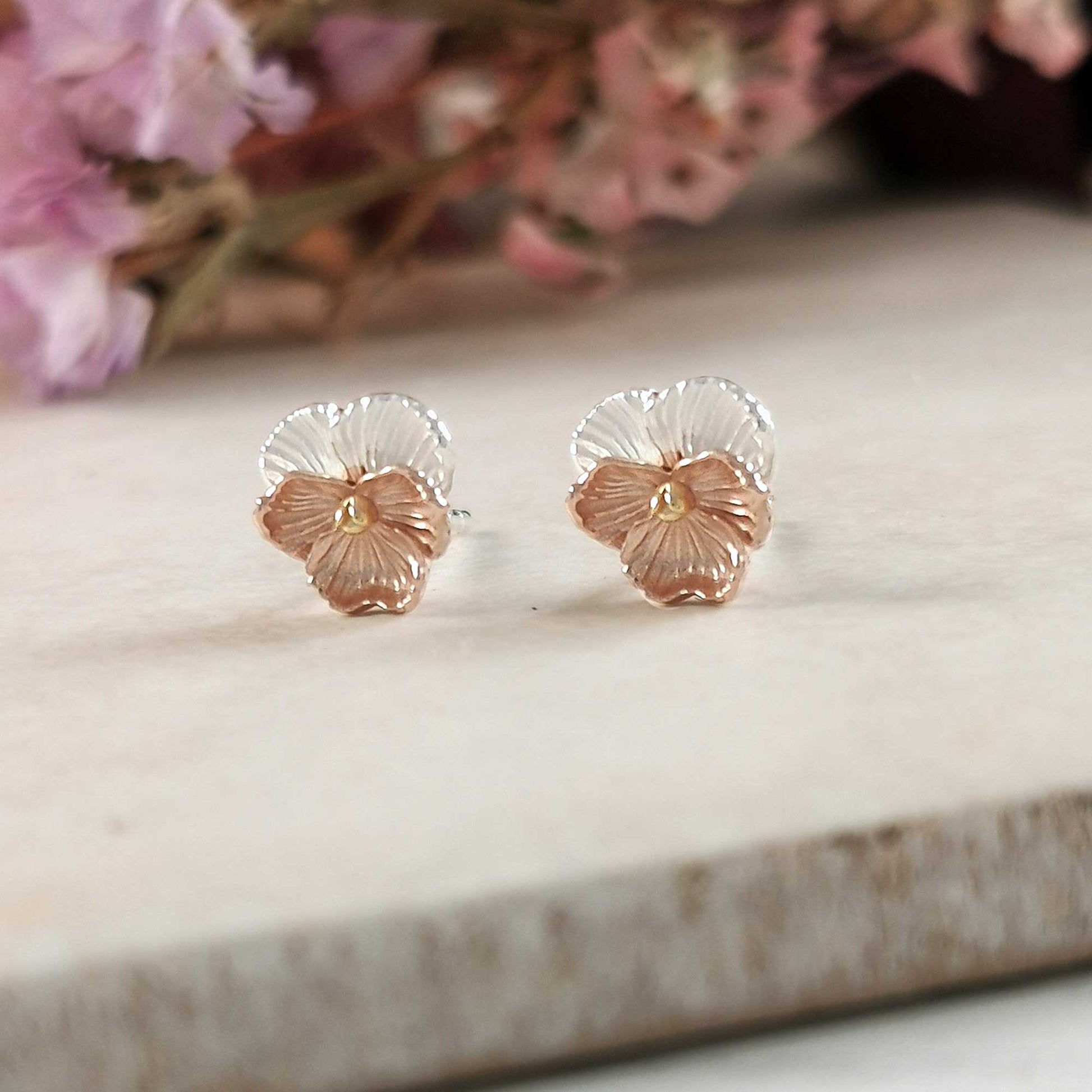 violet flower silver & rose gold stud earrings scarlett jewellery february birth flower