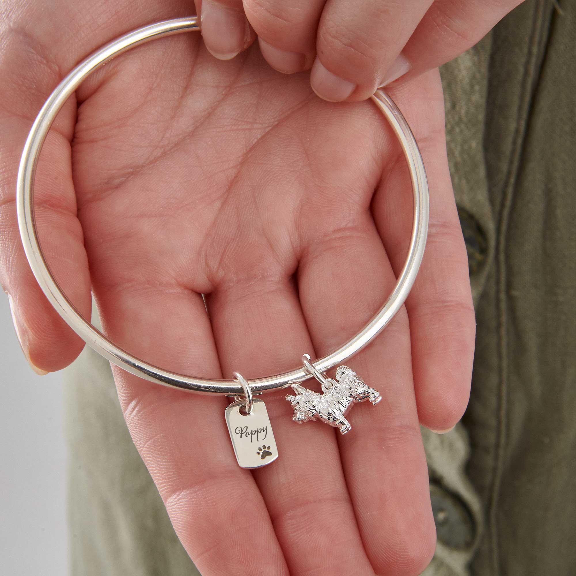 yorkshire terrier silver charm bangle with personalised engraved dog tag scarlett jewellery