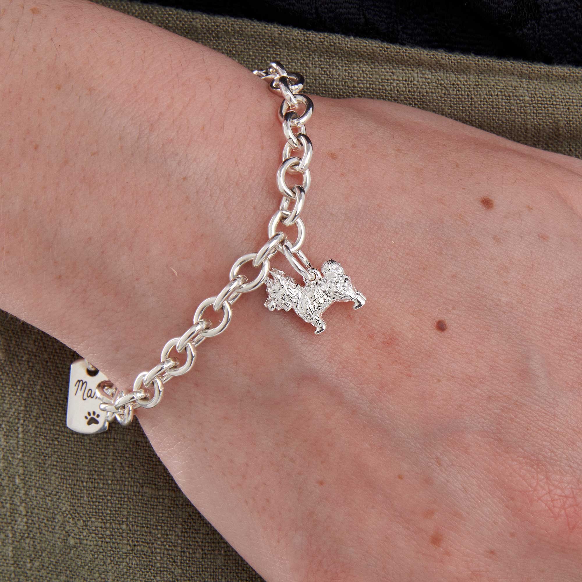 yorkshire terrier silver charm bracelet with personalised engraved dog tag scarlett jewellery