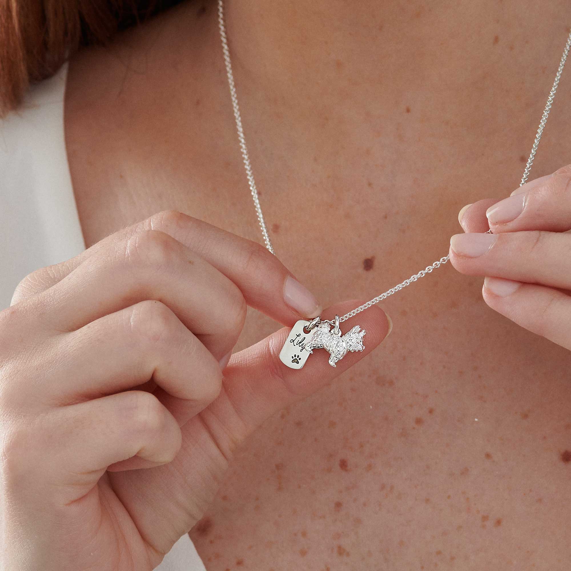 Yorkshire terrier silver personalised dog tag necklace scarlett jewellery