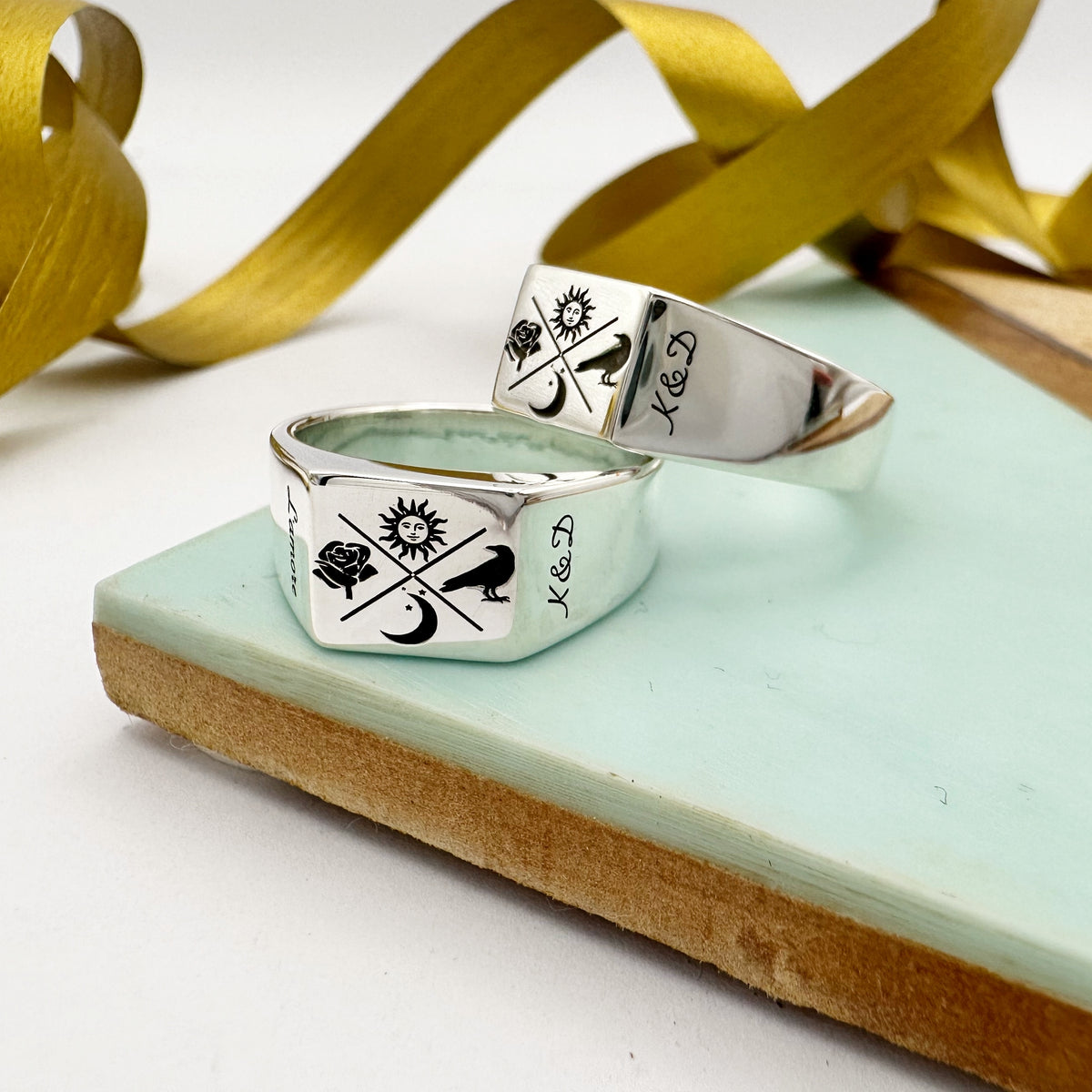 custom design engraved matching mens silver signet rings