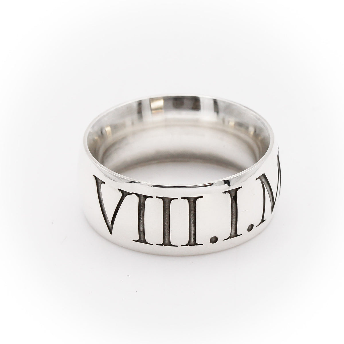 mens wide silver ring with roman numerals engraved 21st birthday gift oxidised finish