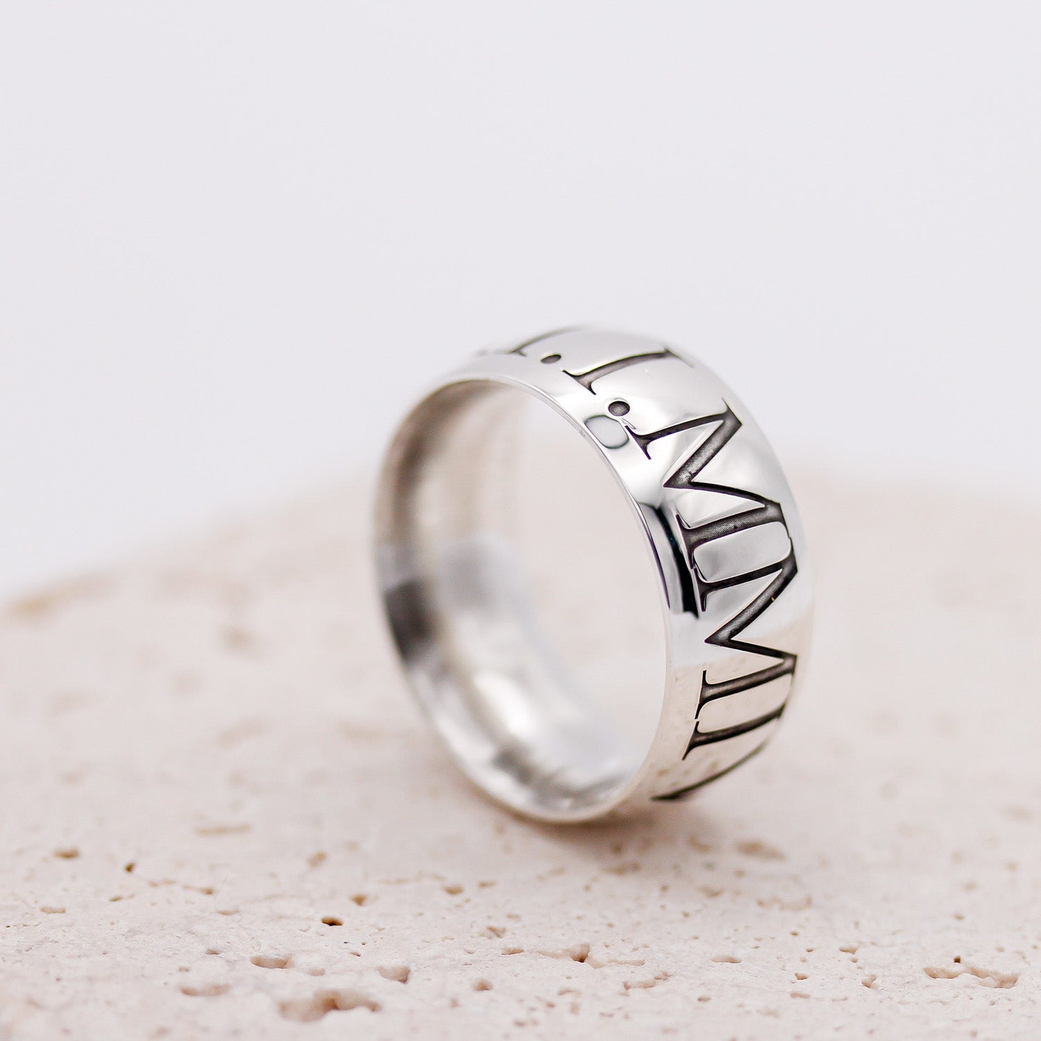 mens wide silver ring with roman numerals engraved 21st birthday gift oxidised finish