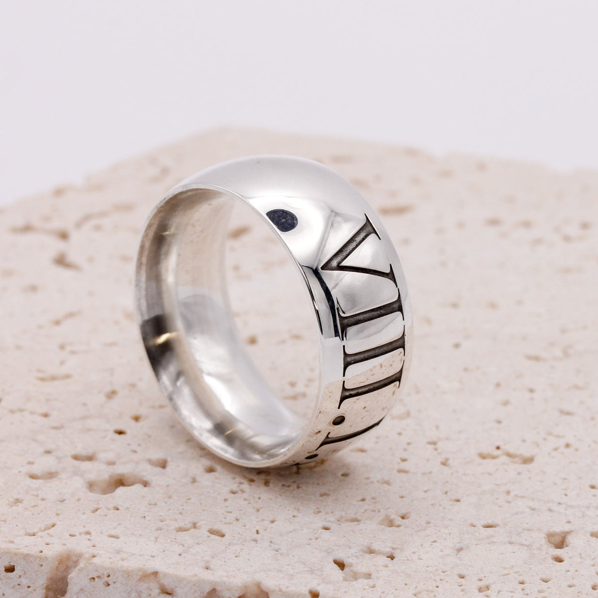 mens wide silver ring with roman numerals engraved 21st birthday gift oxidised finish