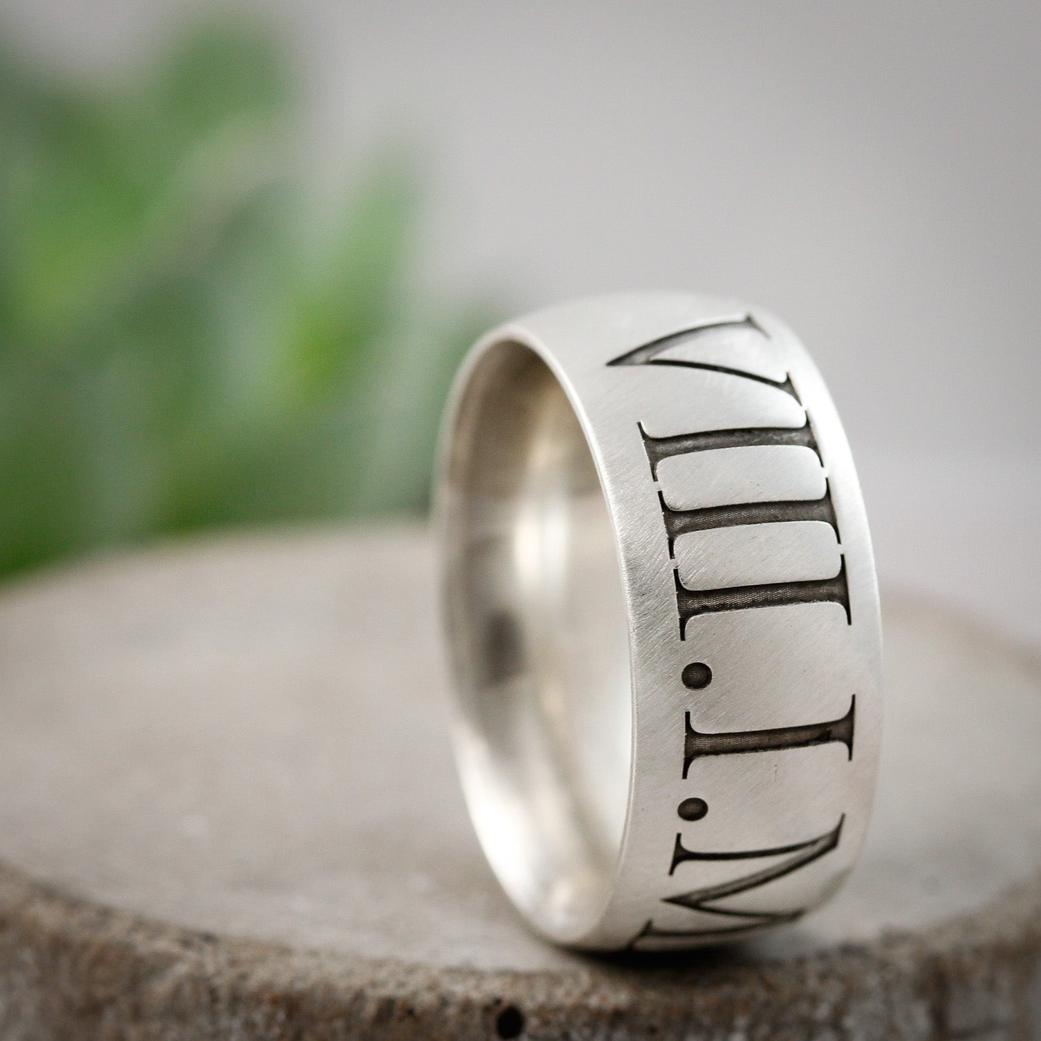 mens wide silver ring with roman numerals engraved 21st birthday gift oxidised finish